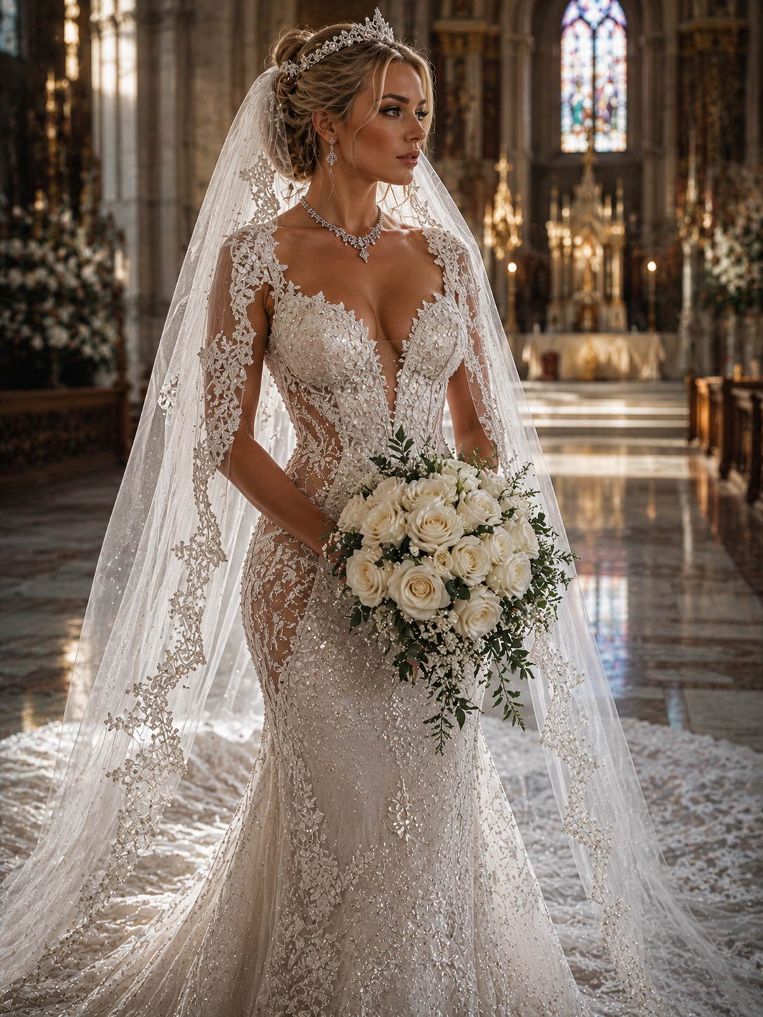 Bride in an embellished lace wedding gown with a long veil, holding a white rose bouquet in a cathedral.