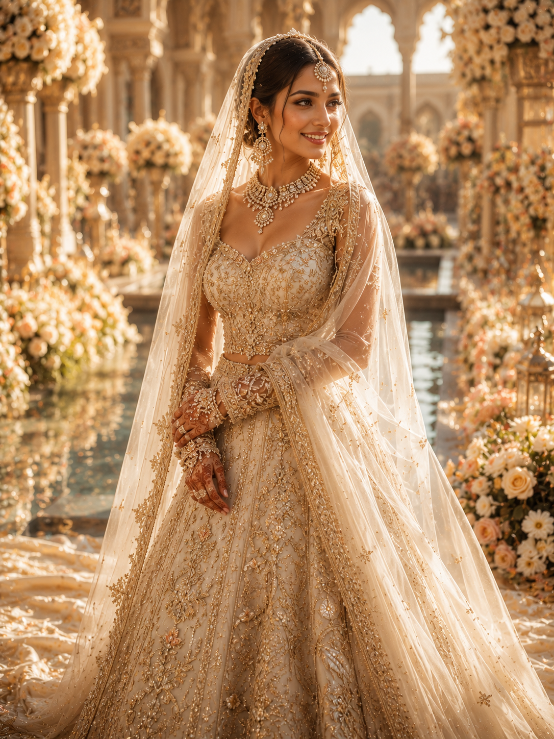 Bride in gold-embroidered lehenga with veil at a floral wedding setting.
