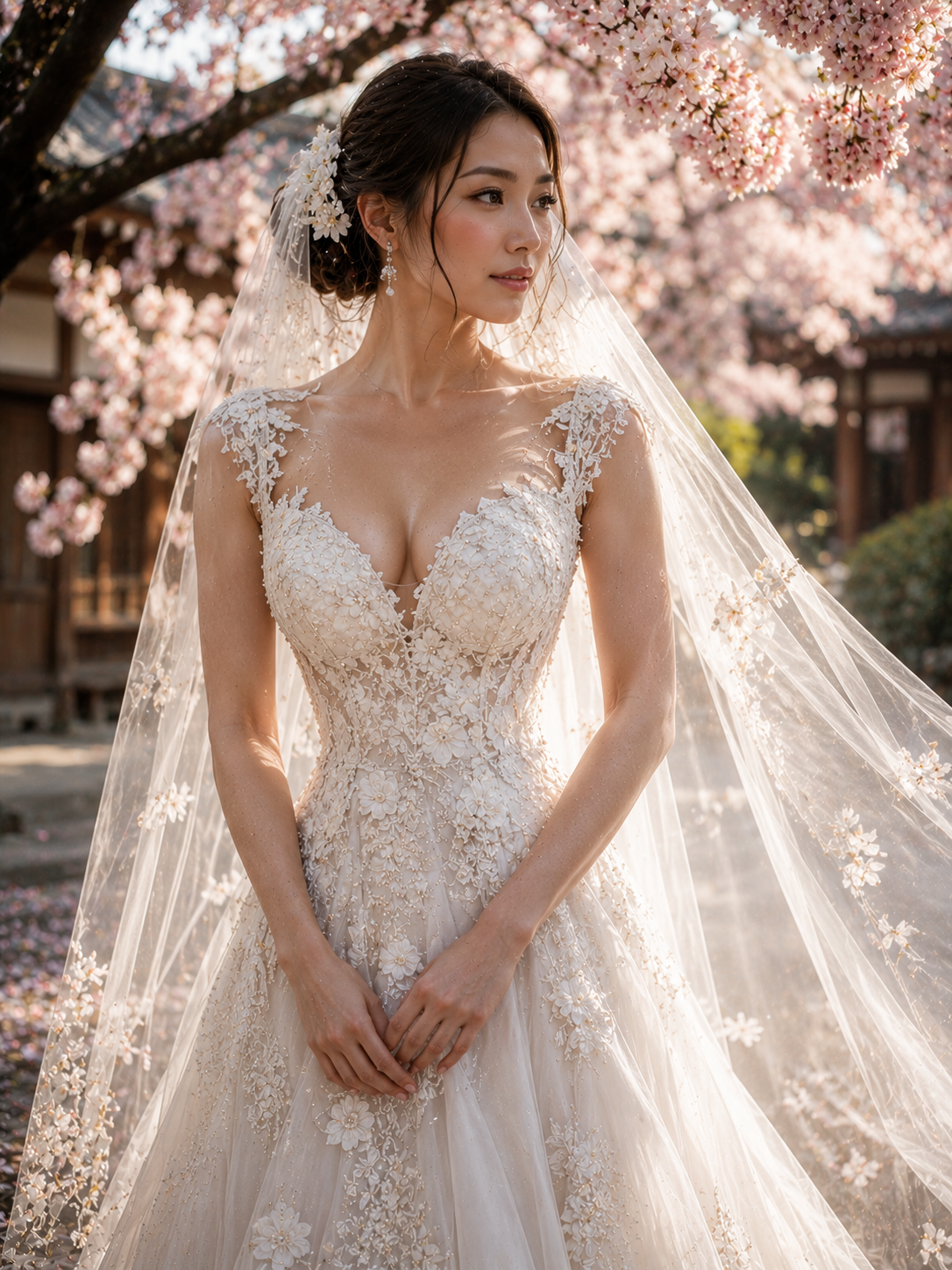 Bride in lace wedding gown with floral appliqués under cherry blossoms and a delicate veil