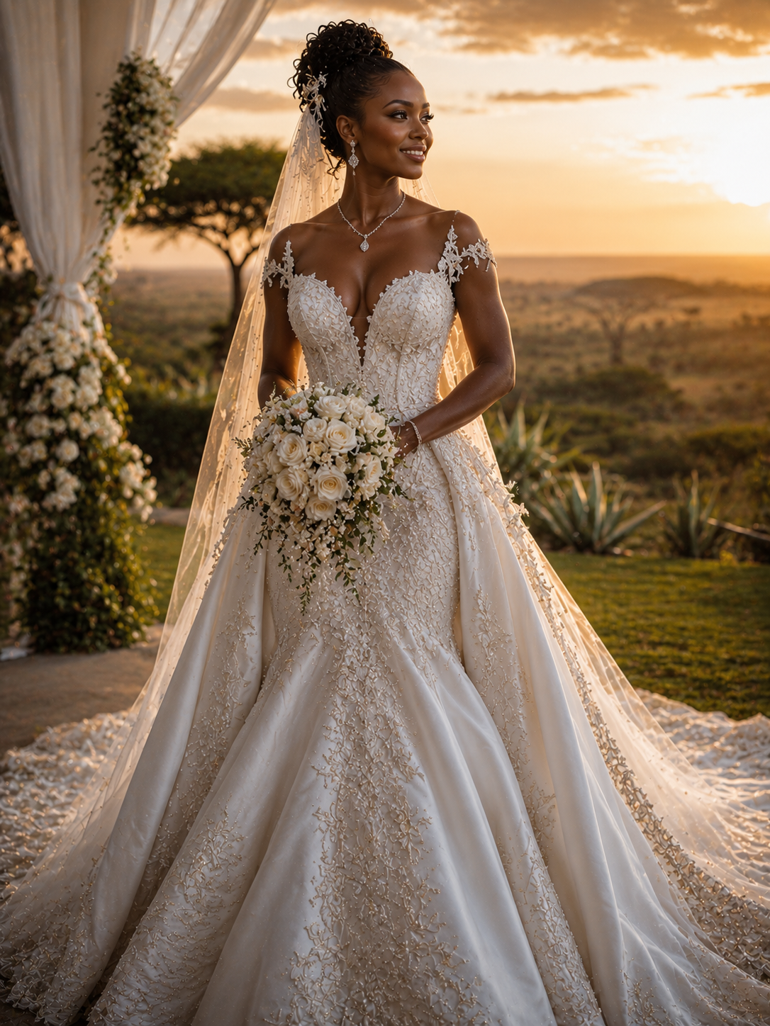 Bride in a lace-embellished wedding gown holding a white bouquet at sunset.