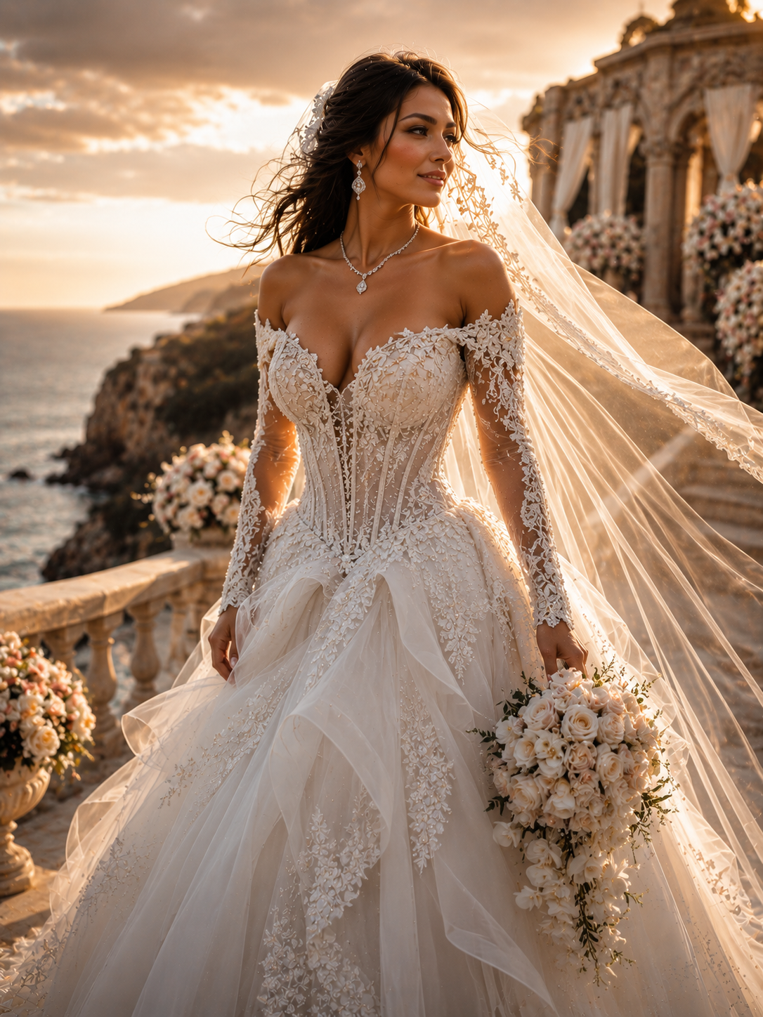 Bride in an ornate lace off-shoulder wedding gown with a long veil, holding a bouquet at sunset by the coast.