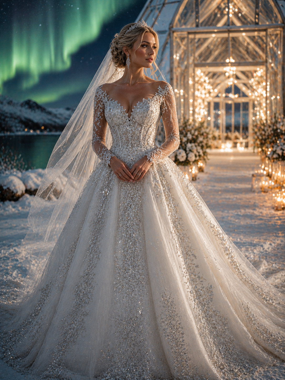 Bride in a glittering beaded wedding gown with lace sleeves and veil, in a snowy lakeside setting under the northern lights.