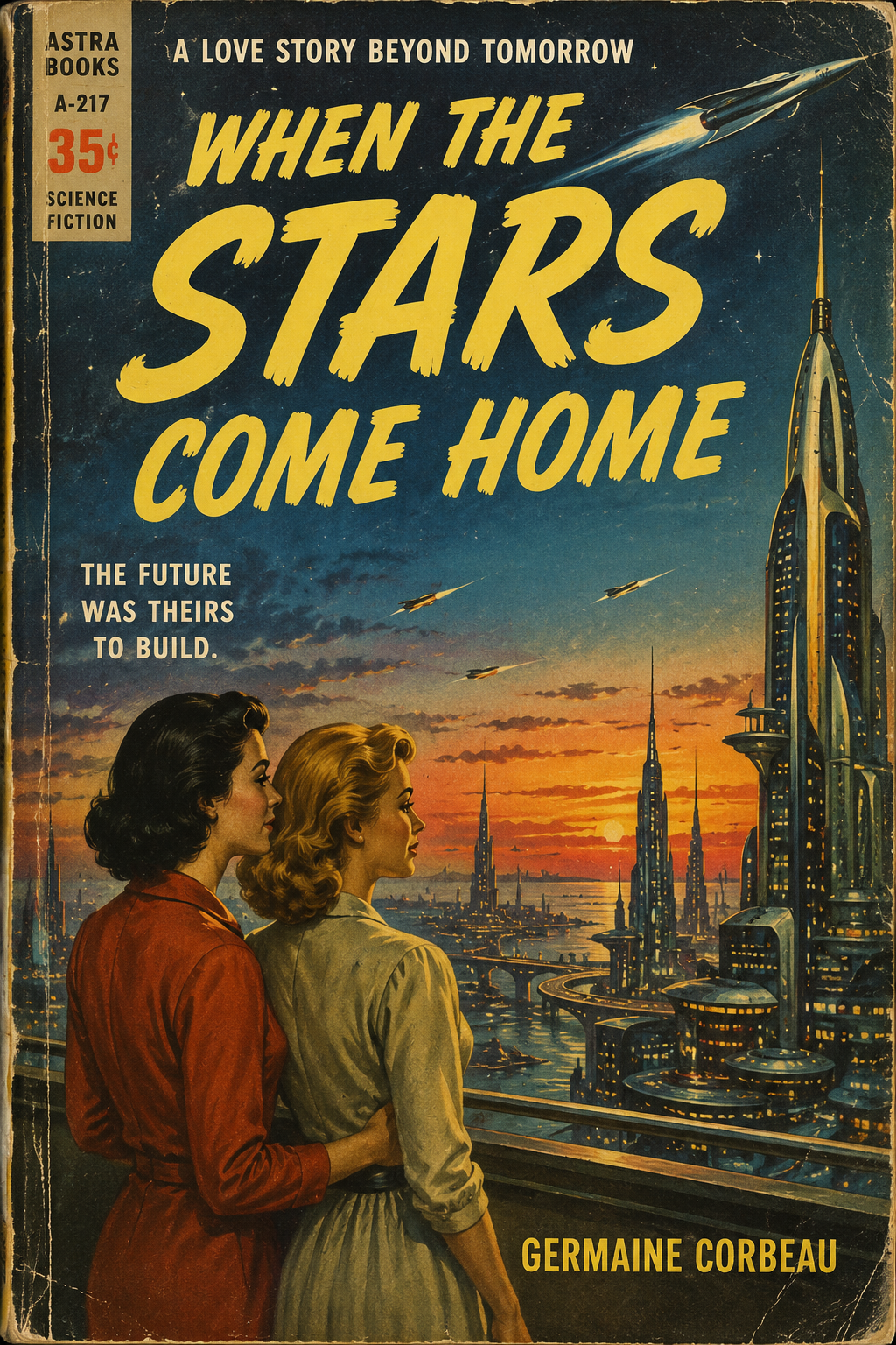 Vintage sci-fi book cover featuring two women overlooking a futuristic city with rockets.