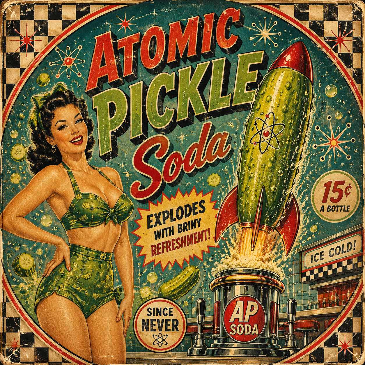 Vintage atomic-era ad with a pin-up woman, green rocket, and “Atomic Pickle Soda” signage.