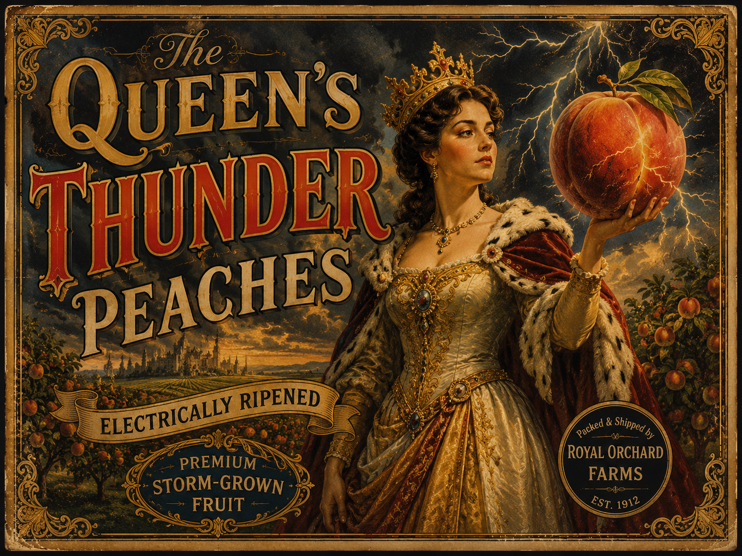 Vintage advertisement featuring a regal queen holding a glowing peach.
