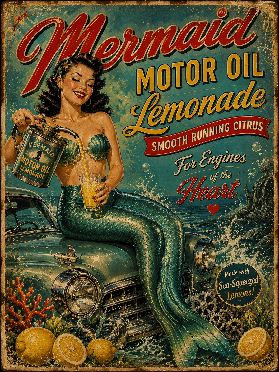 Vintage mermaid advertisement featuring a smiling mermaid on a car pouring lemonade into a glass.