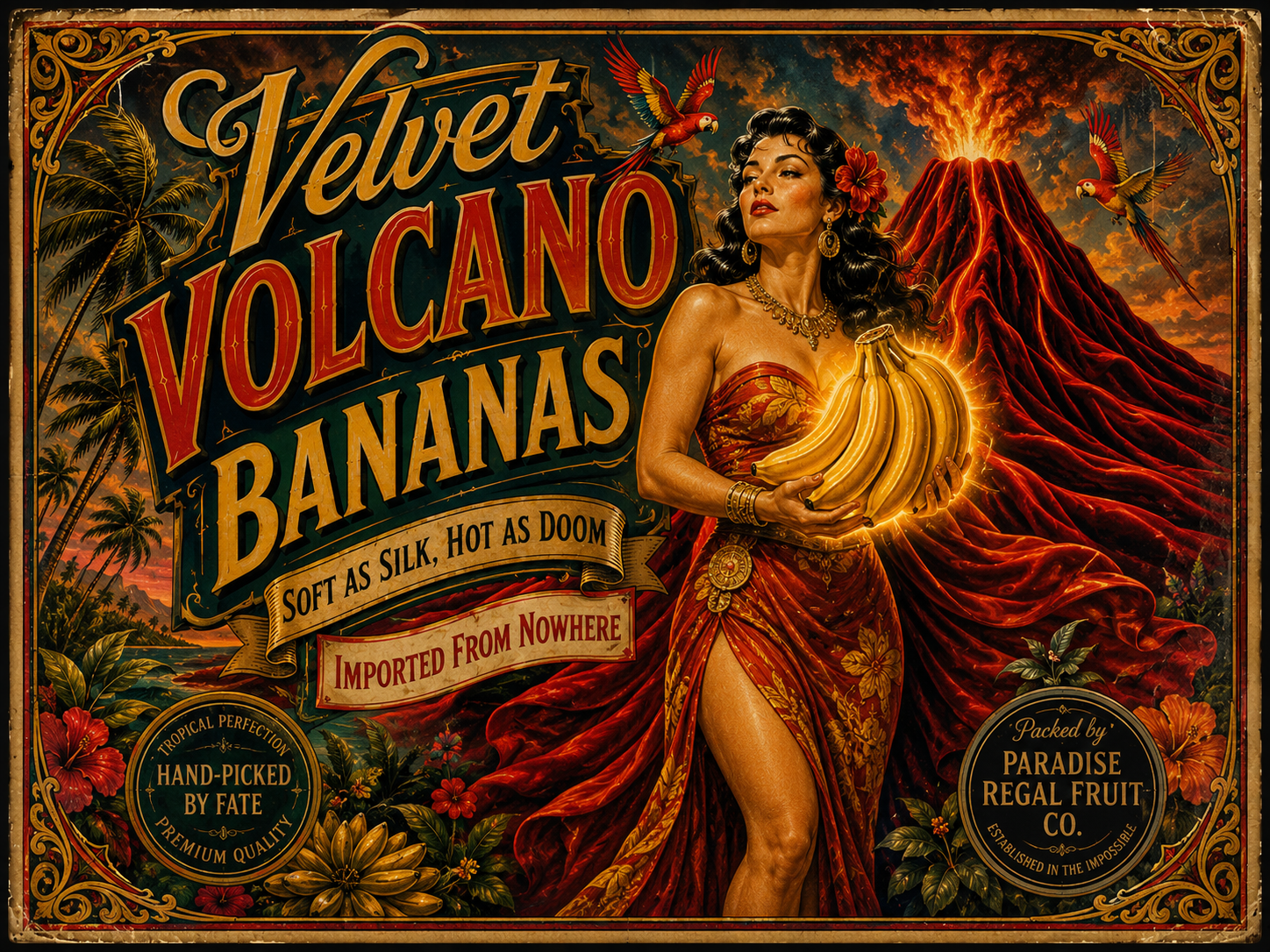 Vintage-style advertisement featuring a glamorous woman holding bananas with an erupting volcano in the background.