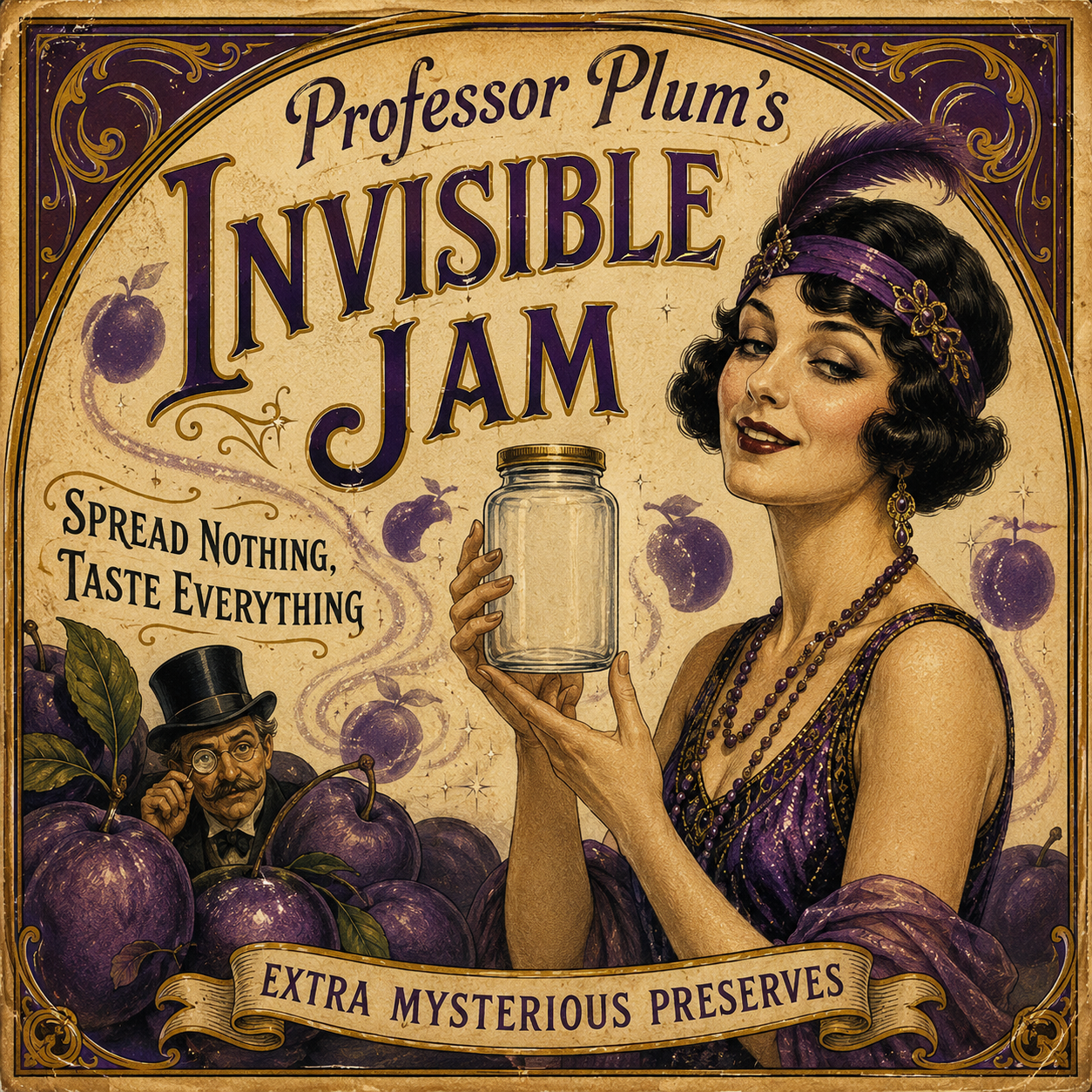 Vintage poster-style image of a woman in purple holding a jam jar among plums.