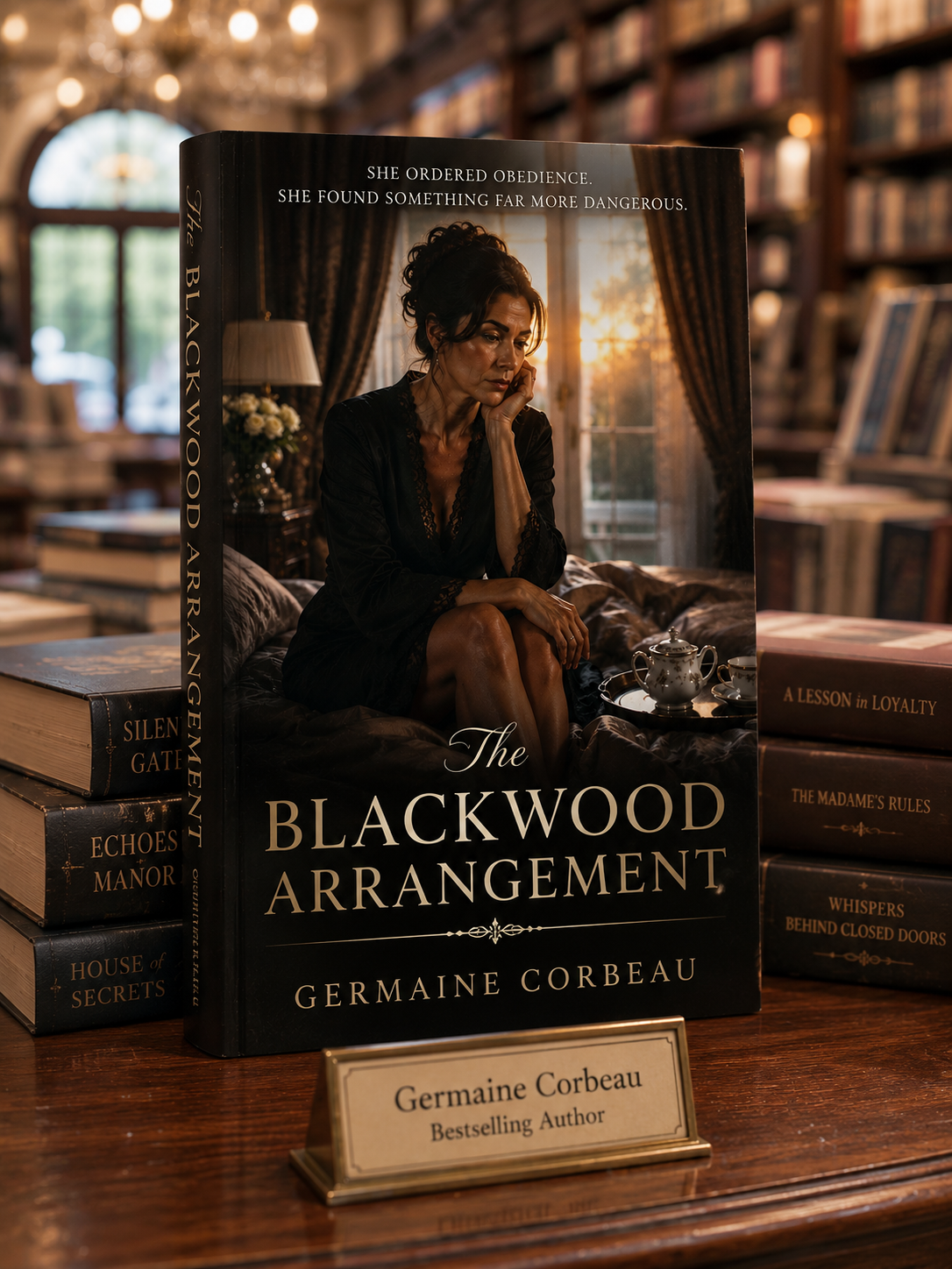 Close-up of "The Blackwood Arrangement" hardcover on a bookstore display shelf.