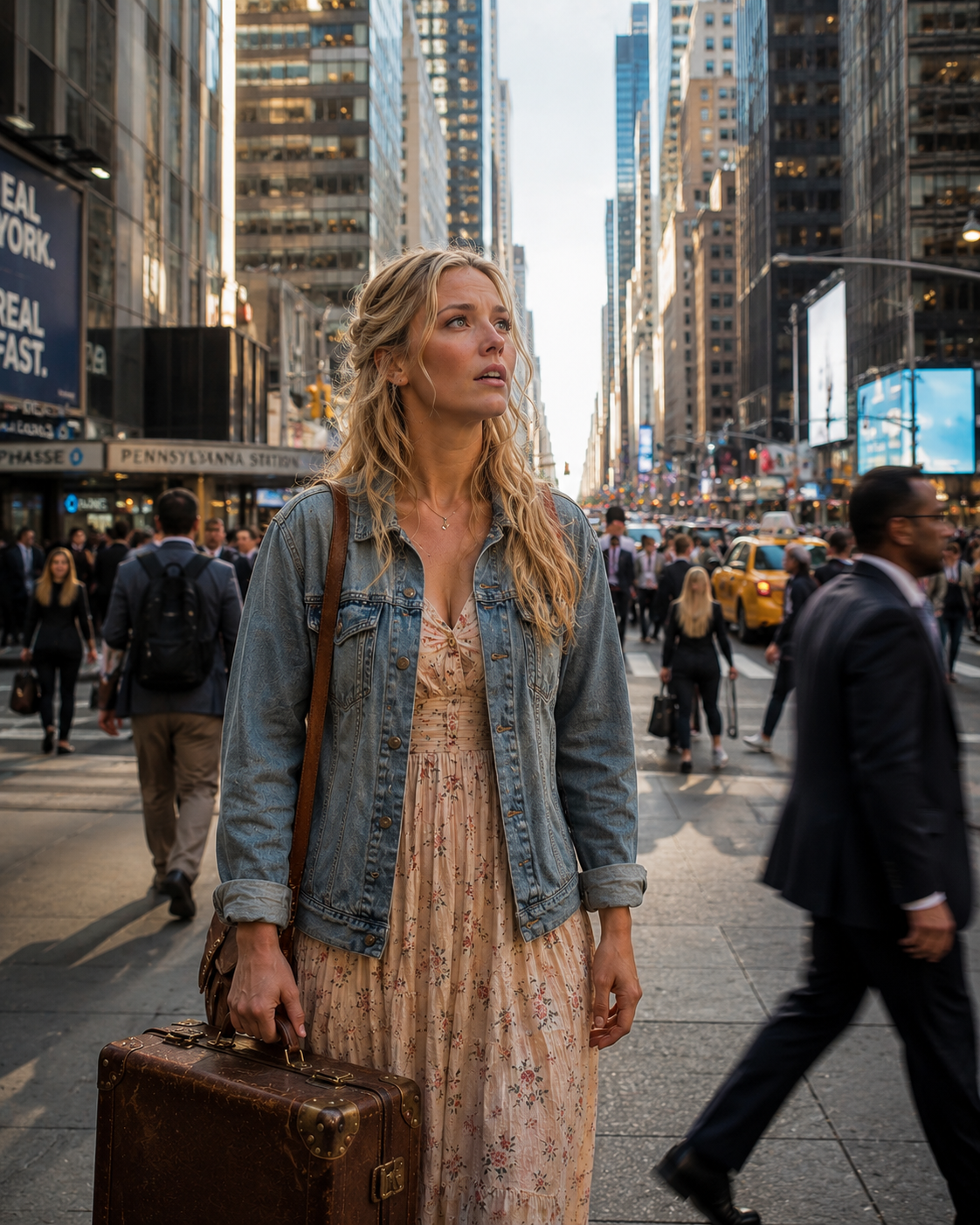 Woman in denim jacket and floral dress holding vintage suitcase on crowded city street.