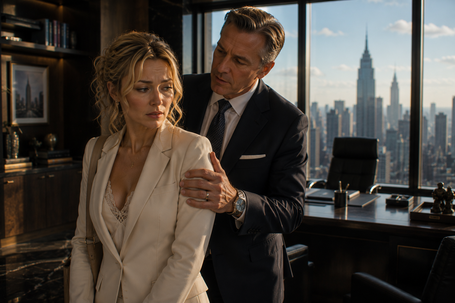 Woman in a cream blazer and man in a suit in a high-rise office with the Manhattan skyline behind them.