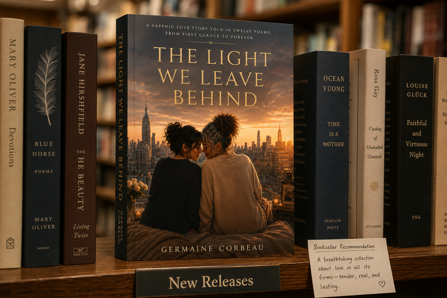 Close-up of a bookstore shelf featuring the book "The Light We Leave Behind" with two women sitting on a rooftop overlooki...