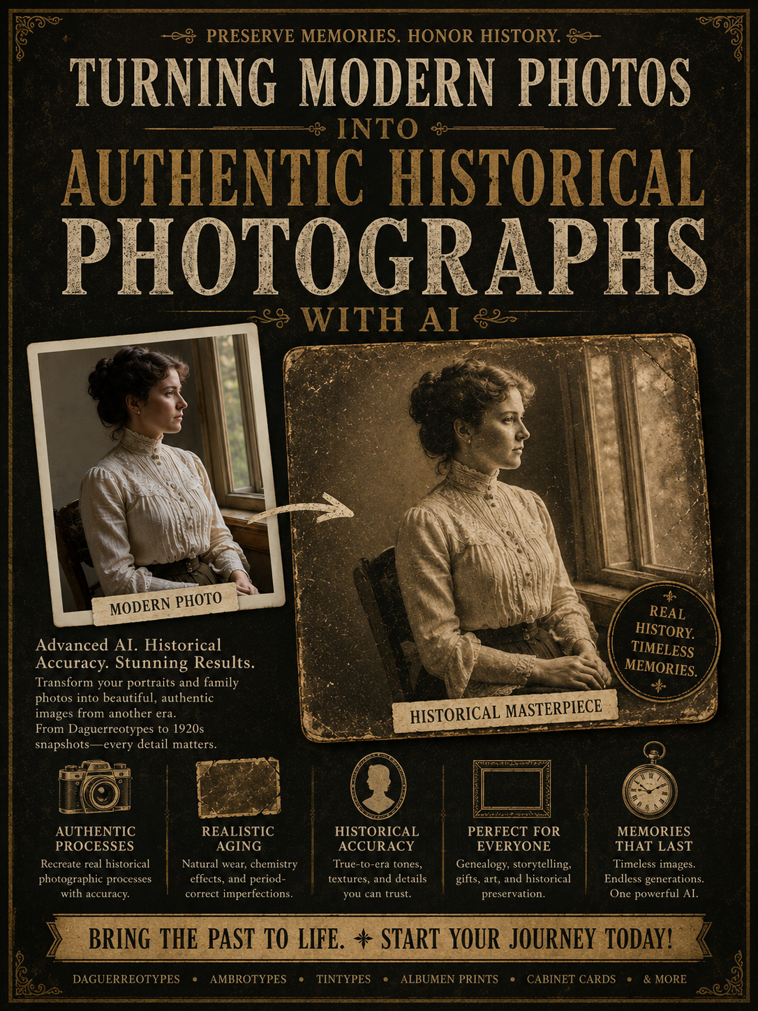 Comparison of a modern photo transformed into a vintage-looking historical portrait.