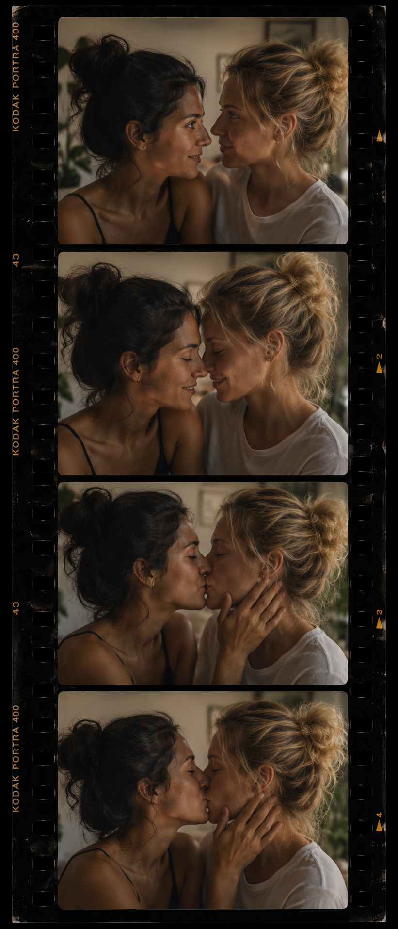 Two women kissing, filmed across a vertical film-strip collage with dark hair and blonde hair.