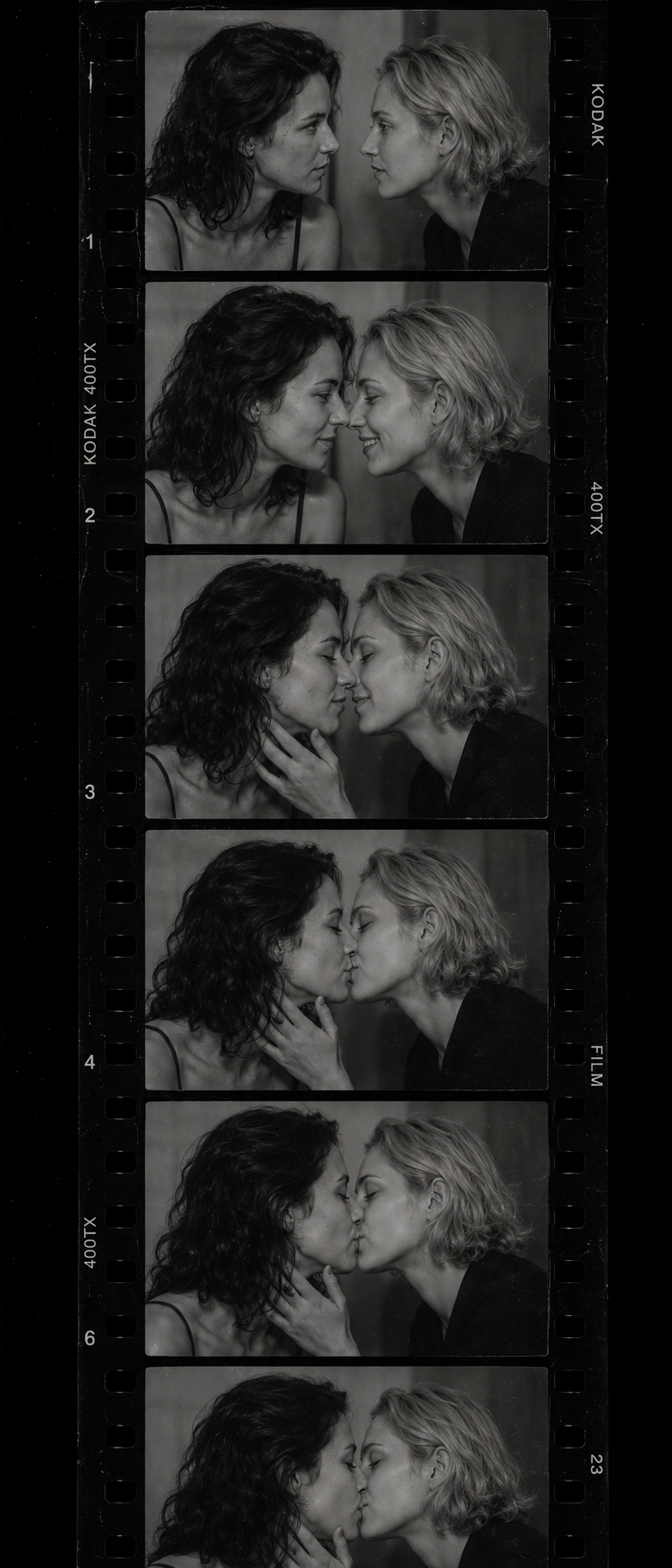 Black-and-white film strip showing two women kissing in multiple frames
