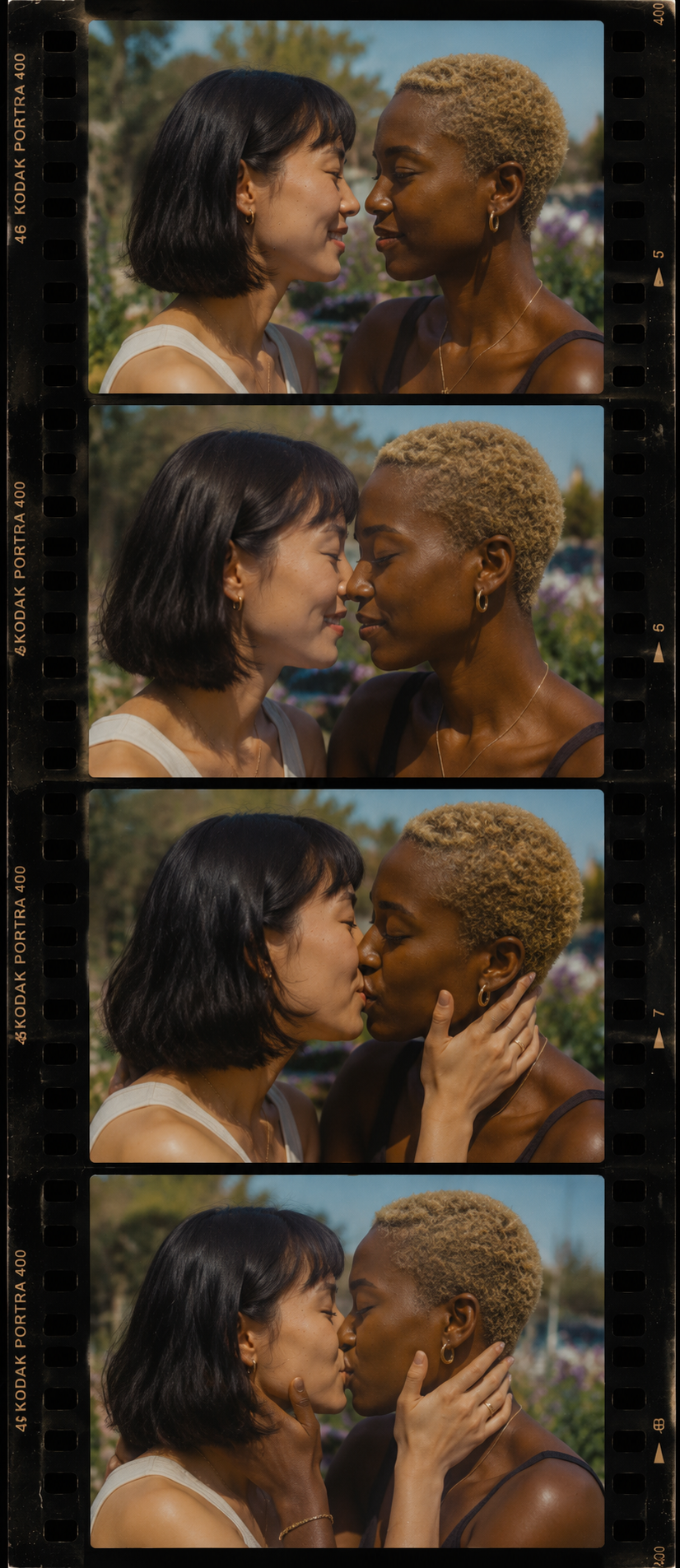 Two women of different ethnicities sharing a kiss in a sunlit outdoor setting, shown in a three-panel film strip sequence.