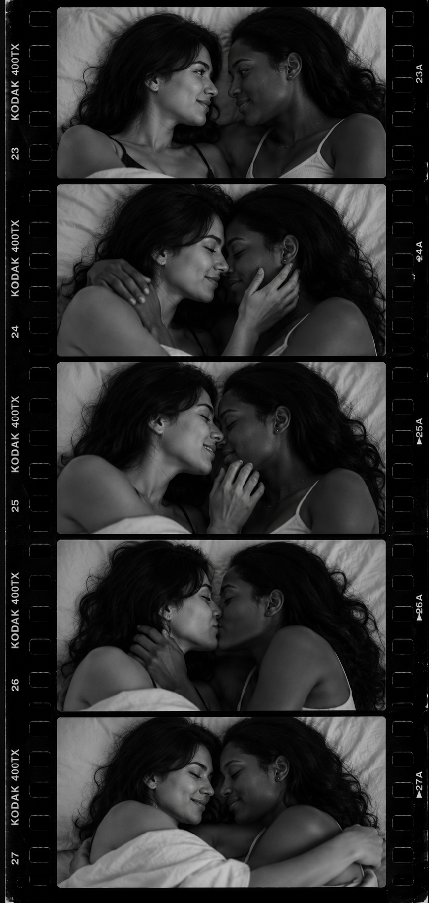 Black-and-white filmstrip of two women cuddling and kissing in bed.