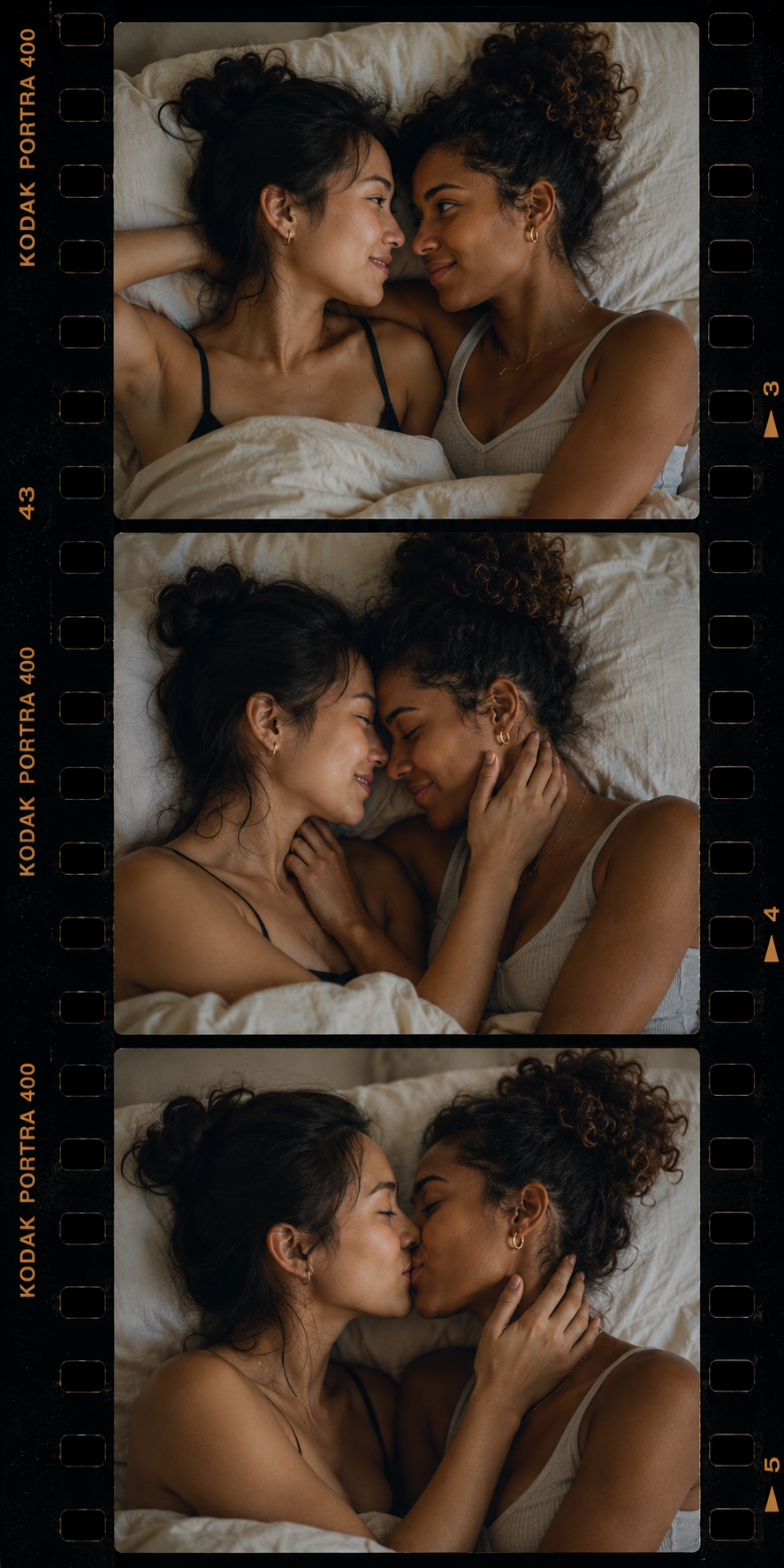 Two women cuddling in bed, facing each other and sharing a kiss, captured in three film-strip frames.