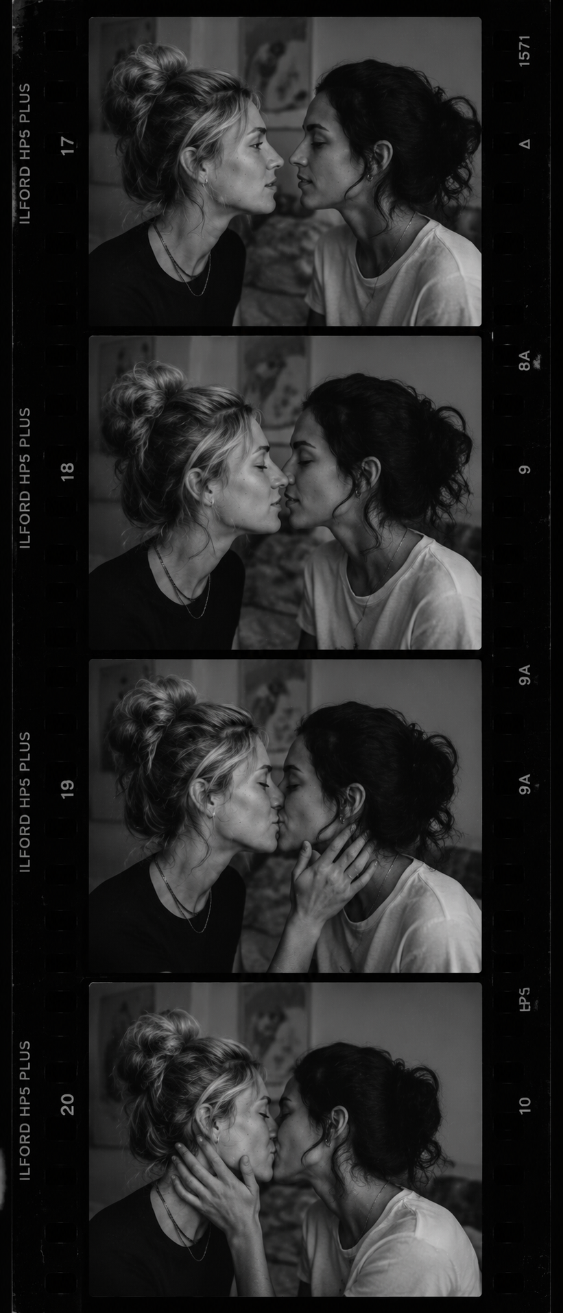 Two women kissing in black-and-white film-strip frames (close-up).