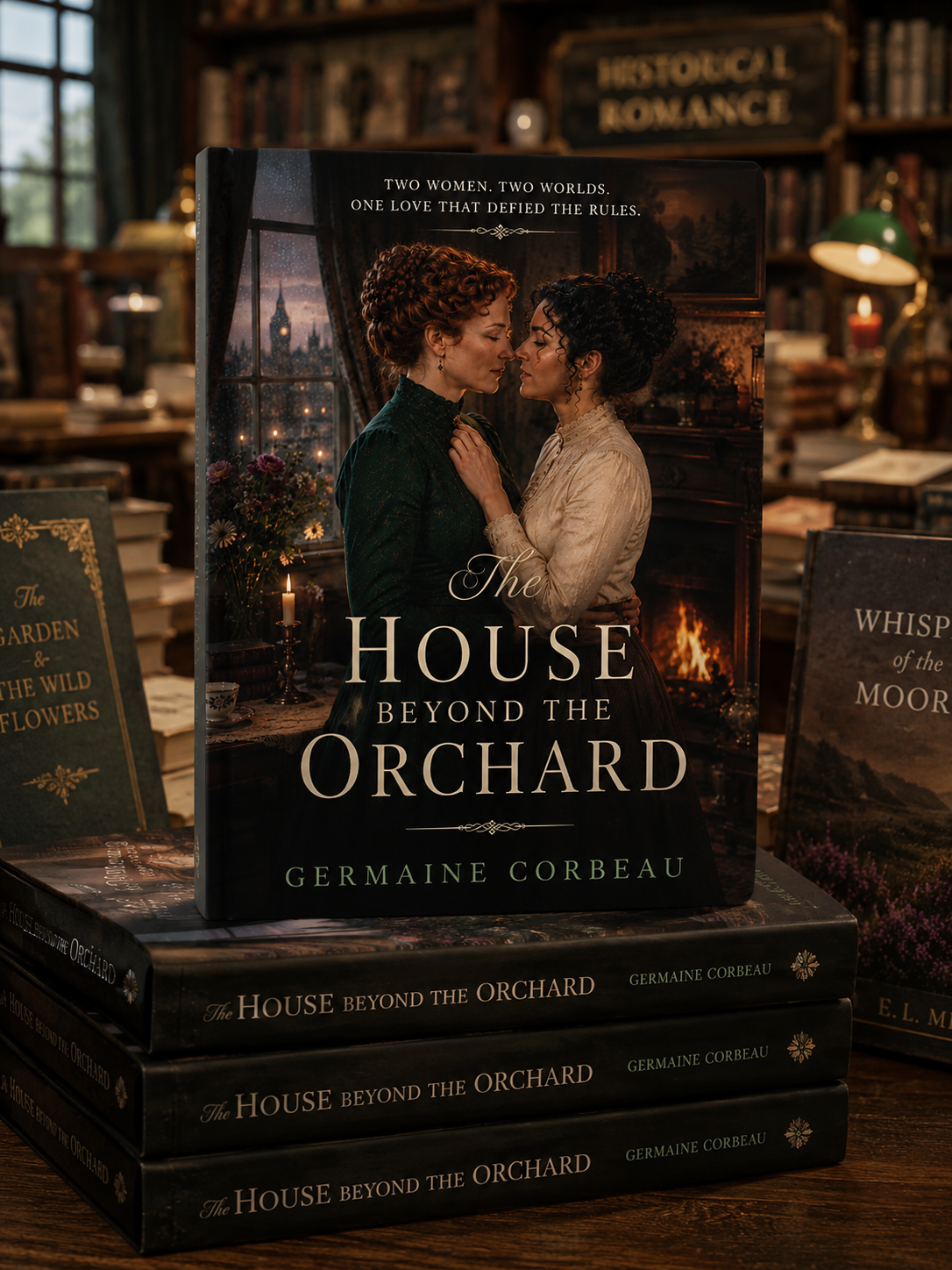 Book cover for The House Beyond the Orchard showing two women embracing in a candlelit, book-filled setting.