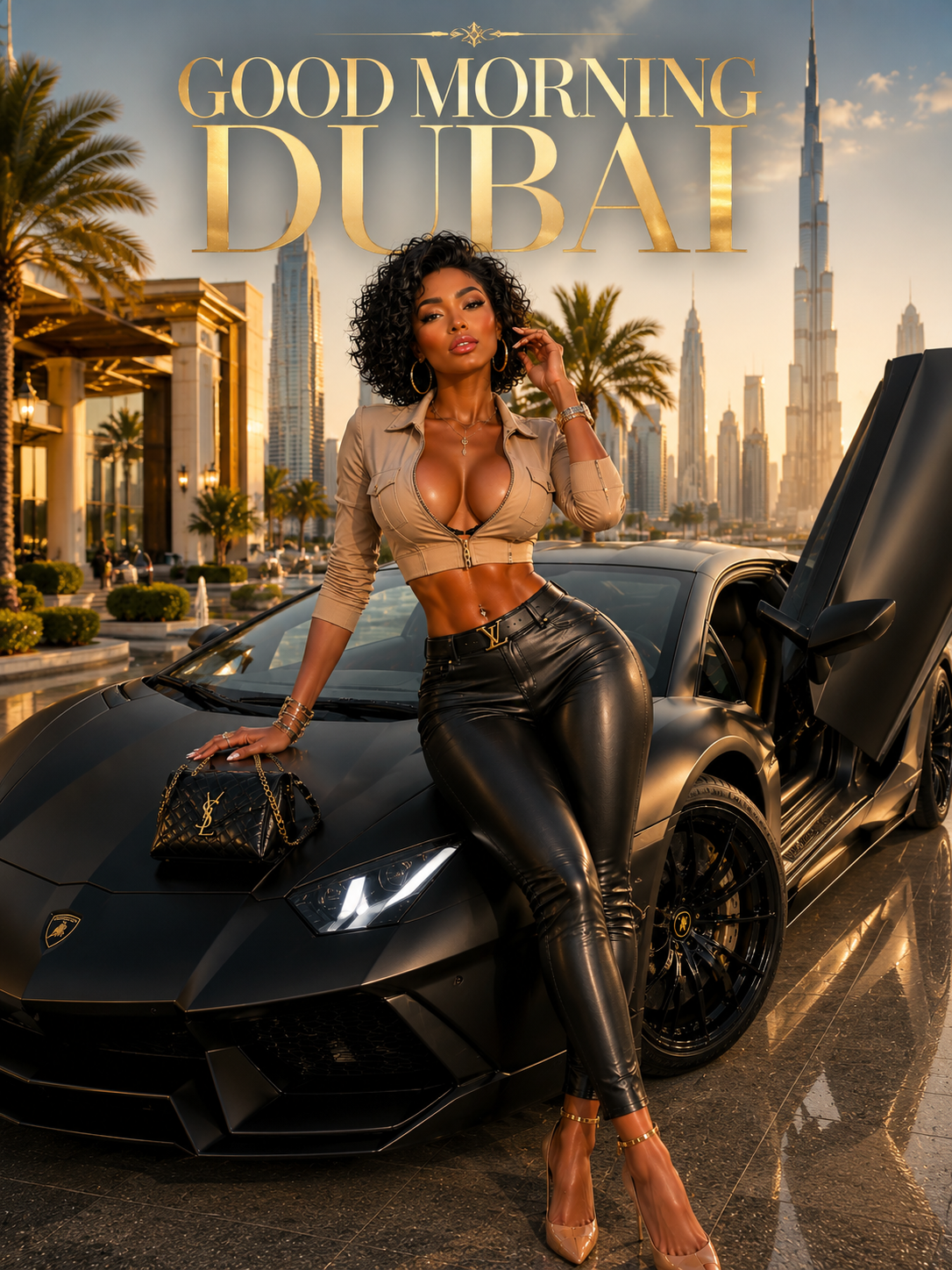 A stylish woman leaning on a matte black Lamborghini with Dubai’s skyline and palm trees behind her.