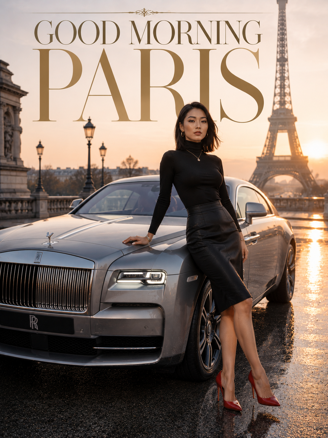 Stylish woman in a black dress leaning on a silver Rolls-Royce with the Eiffel Tower at sunset in Paris