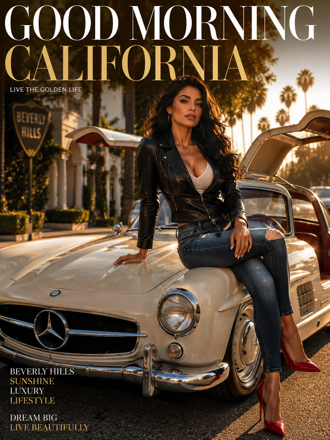 Woman posing on a vintage Mercedes in Beverly Hills during golden hour.