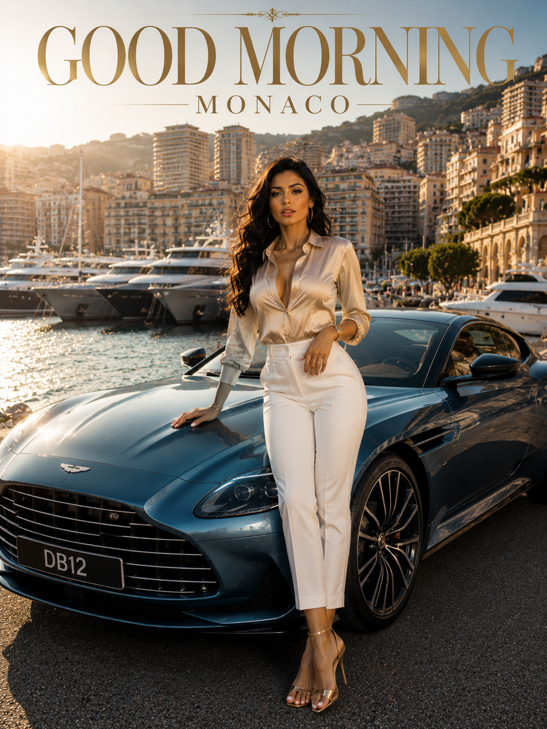 Stylish woman leans on a blue Aston Martin DB12 at Monaco's harbor with yachts and hillside cityscape.
