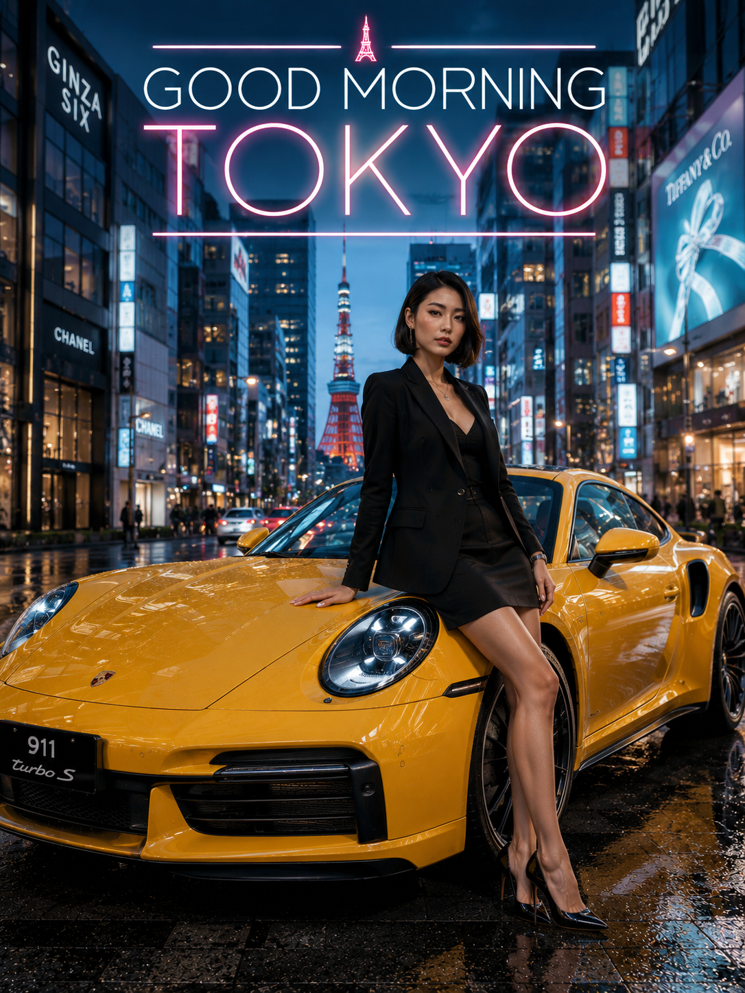 Portrait of a woman in a black blazer perched on a yellow Porsche beneath neon Tokyo signage at night.