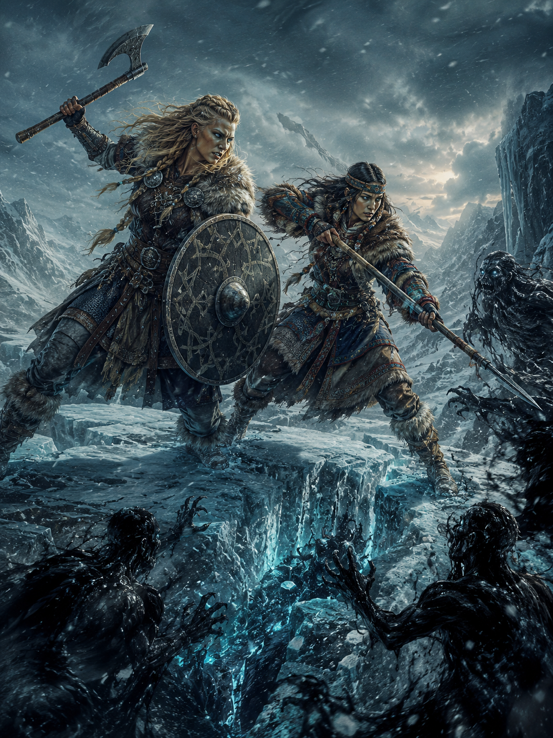 Two Viking warriors clash with axe and shield on an icy ridge, fighting looming undead in a snowstorm.