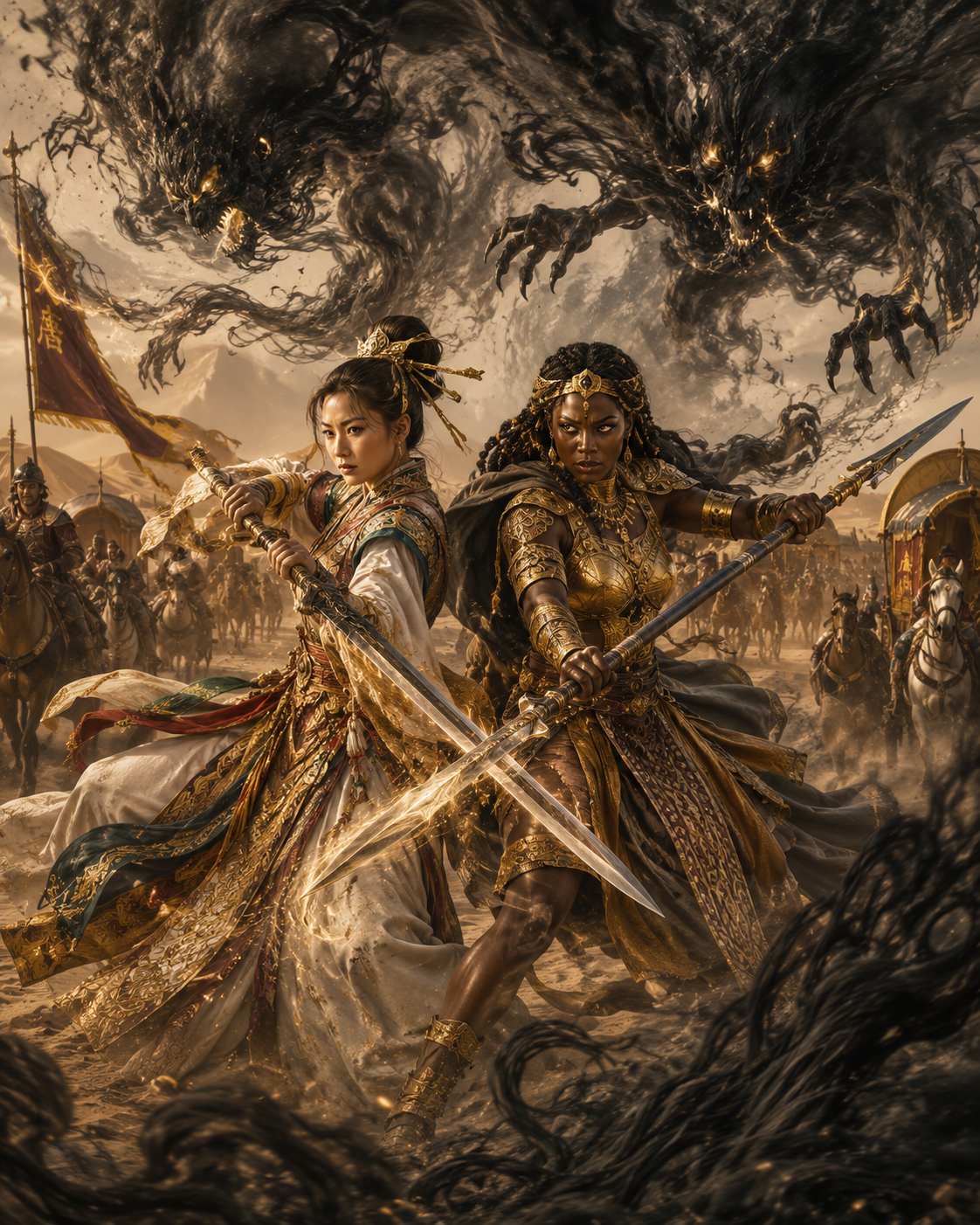 Two armored female warriors brandish swords in a fiery fantasy battlefield with dark monsters overhead.