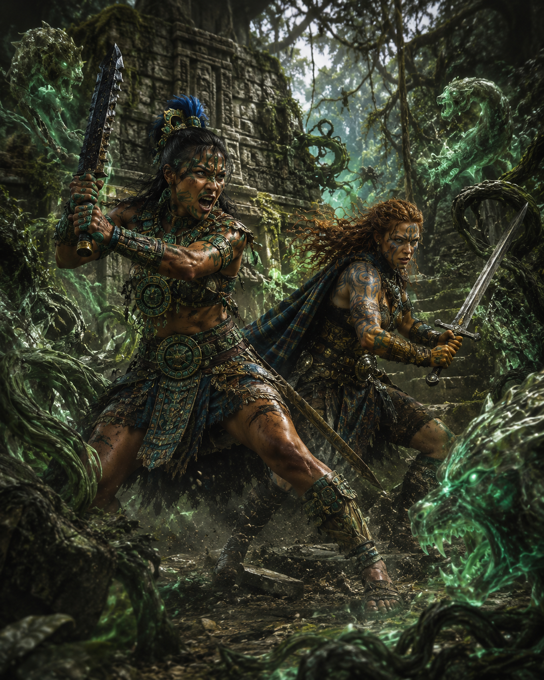 Two armored warriors duel monstrous green spectral serpents in ancient jungle ruins.