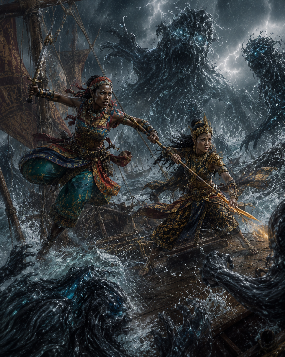 Two armored female warriors clash with colossal sea monsters aboard a shattered ship in a storm.