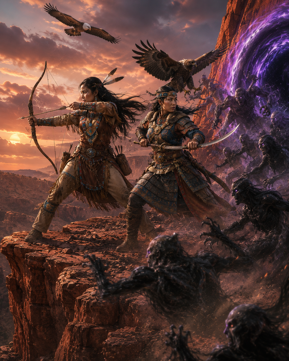 Two armored female warriors battle dark creatures on a canyon cliff at sunset with a swirling purple portal behind them.