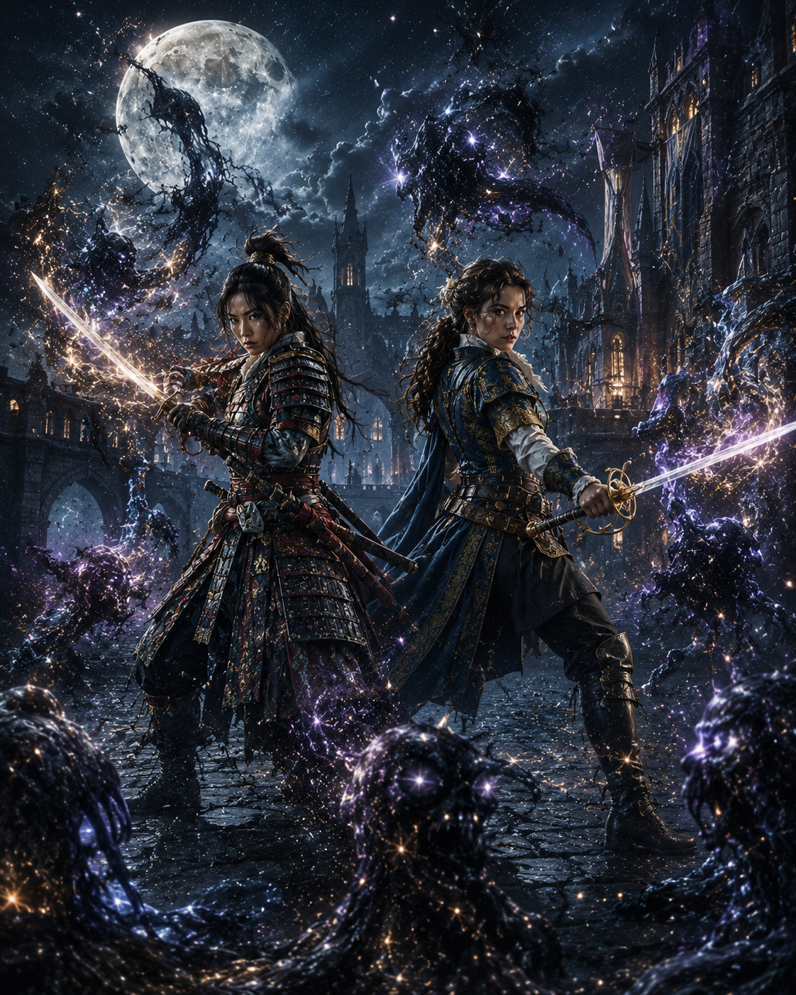 Two armored warriors with glowing swords duel in a moonlit, gothic cityscape.