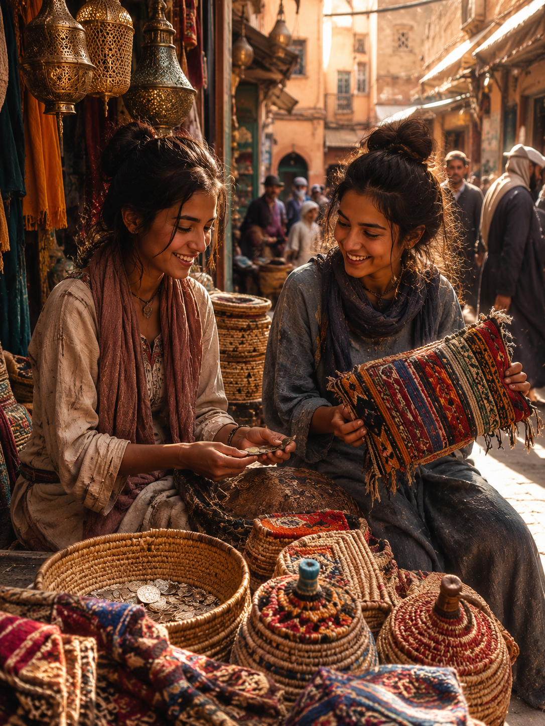 Two smiling young women selling colorful woven textiles and baskets in a sunlit market street.