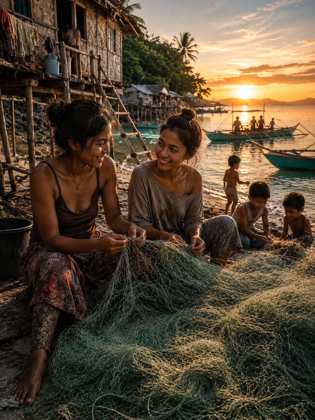 Two women weaving a fishing net at sunset in a coastal village by the water.