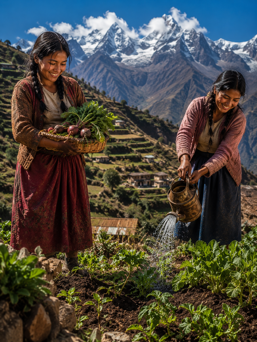 Two smiling women in traditional dress tending a terraced Himalayan garden, watering plants with a bucket.