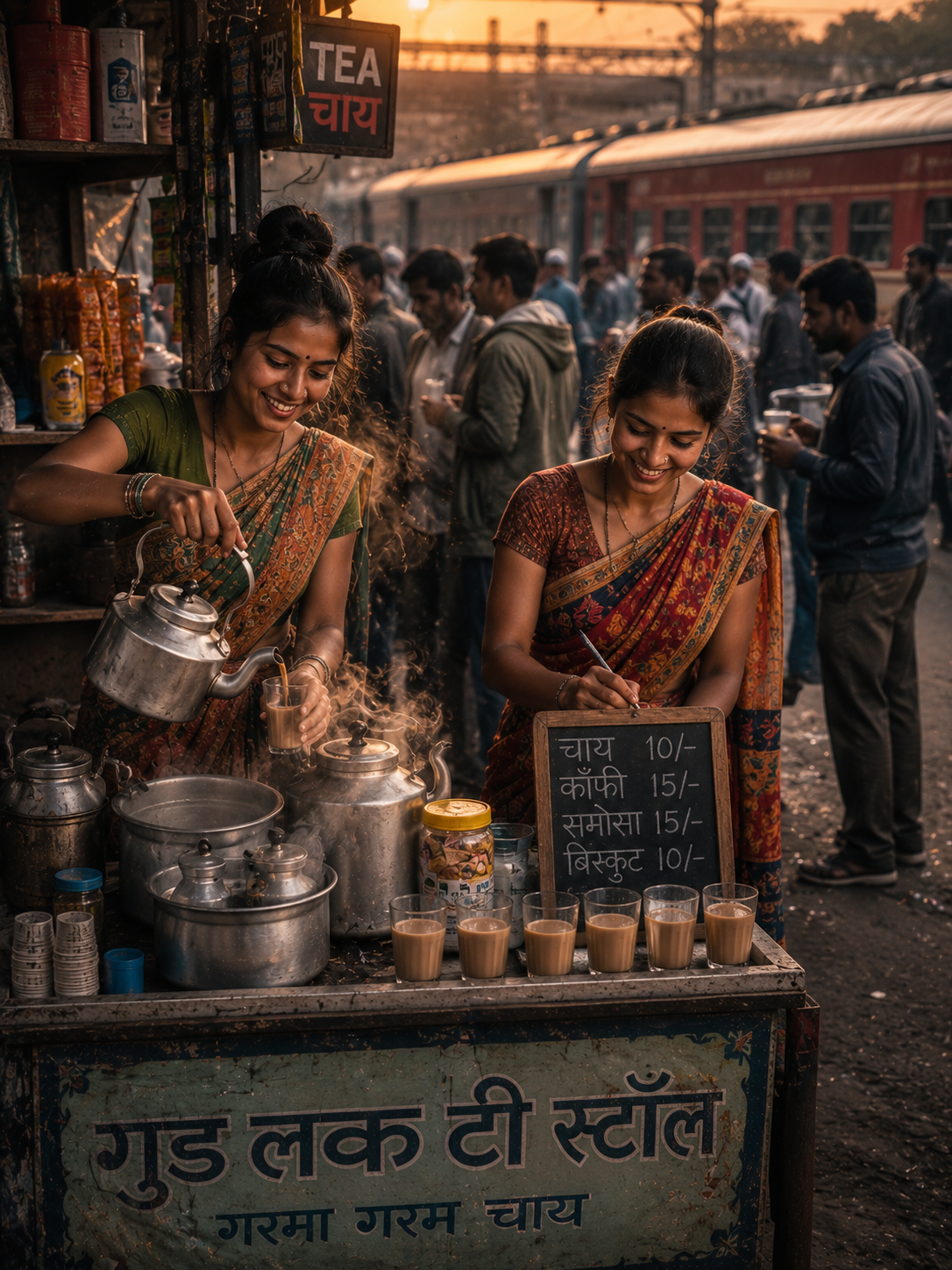 Two smiling Indian women in sarees serve chai at a busy street tea stall with steam and a train in the background.
