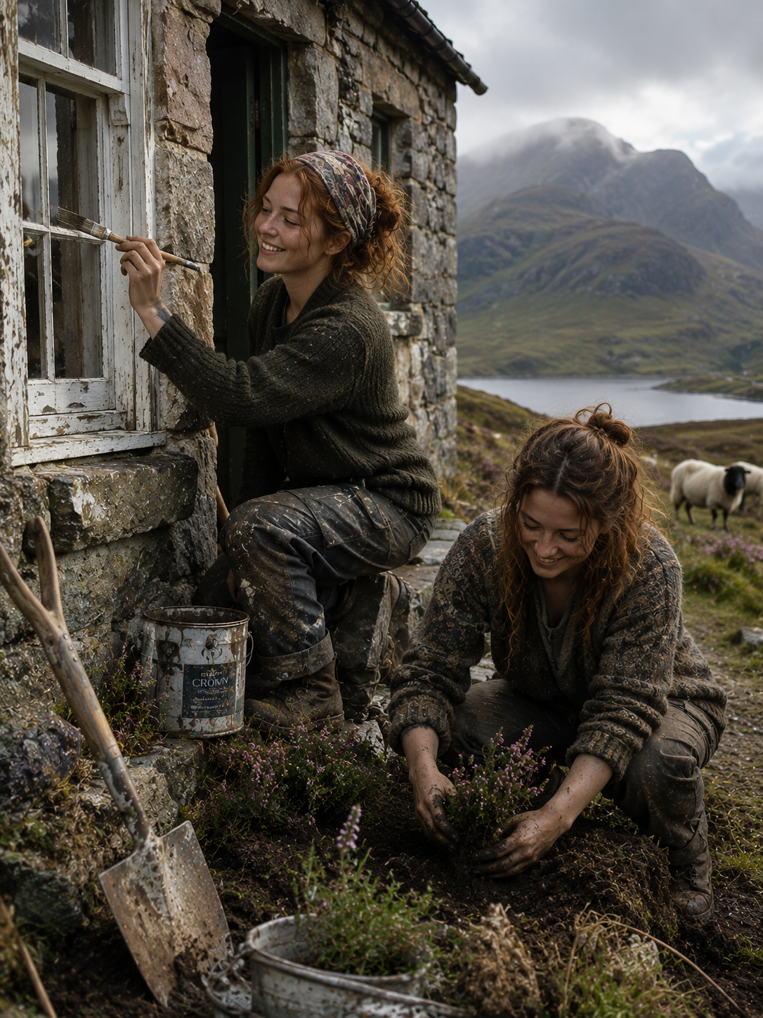 Two women gardening outside a stone cottage in a rugged mountain landscape, planting heather.