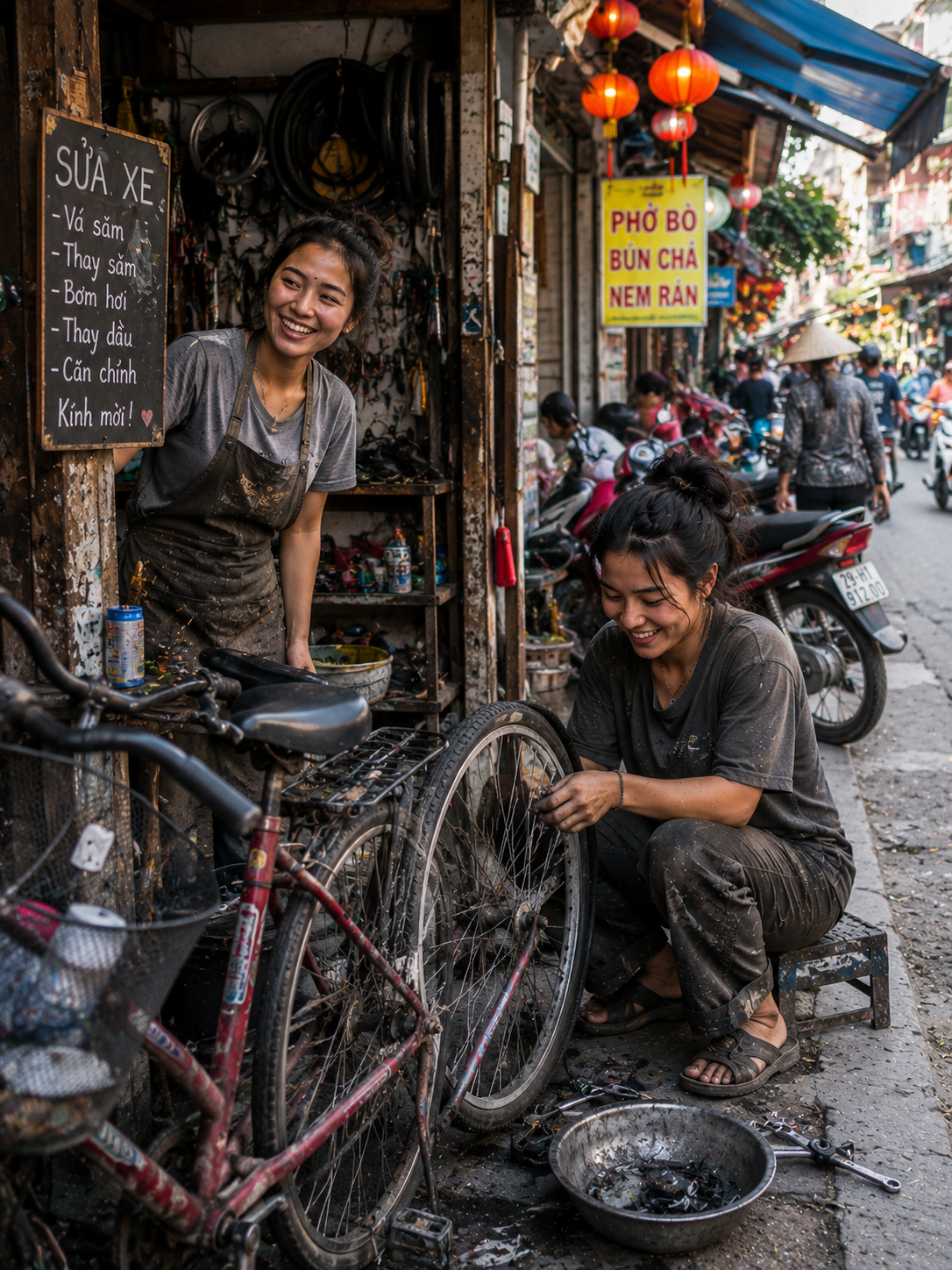 Two women fixing a bicycle outside a busy Vietnamese street workshop.