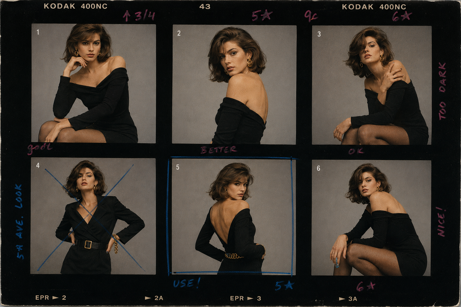 Contact sheet of a woman in a black off-shoulder dress posing in six studio portraits.