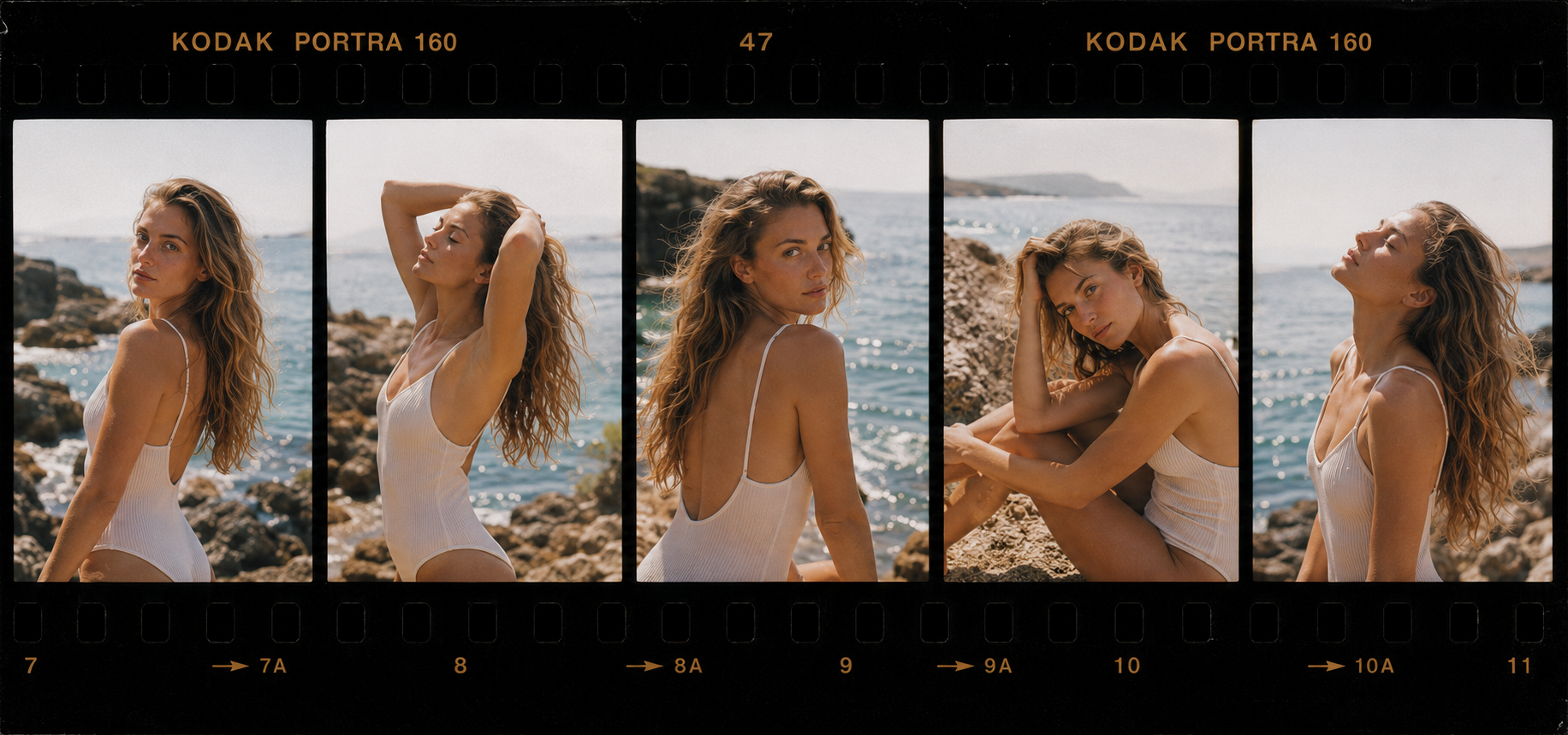 Sequence of five coastal portraits of a woman in a white swimsuit by a rocky shoreline.