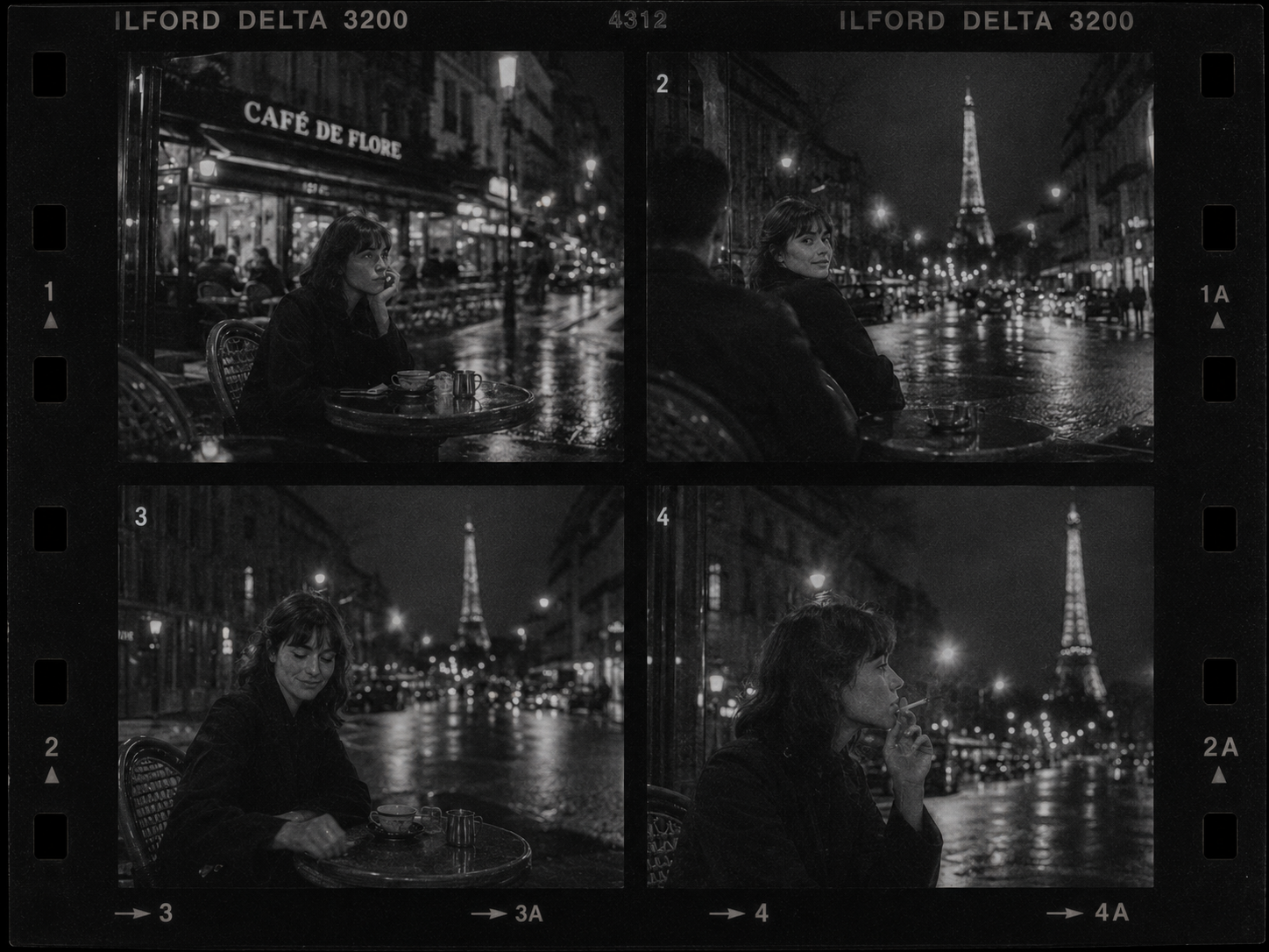 Black-and-white four-panel photo of a woman at a Paris café on a rainy night with the Eiffel Tower in the background.