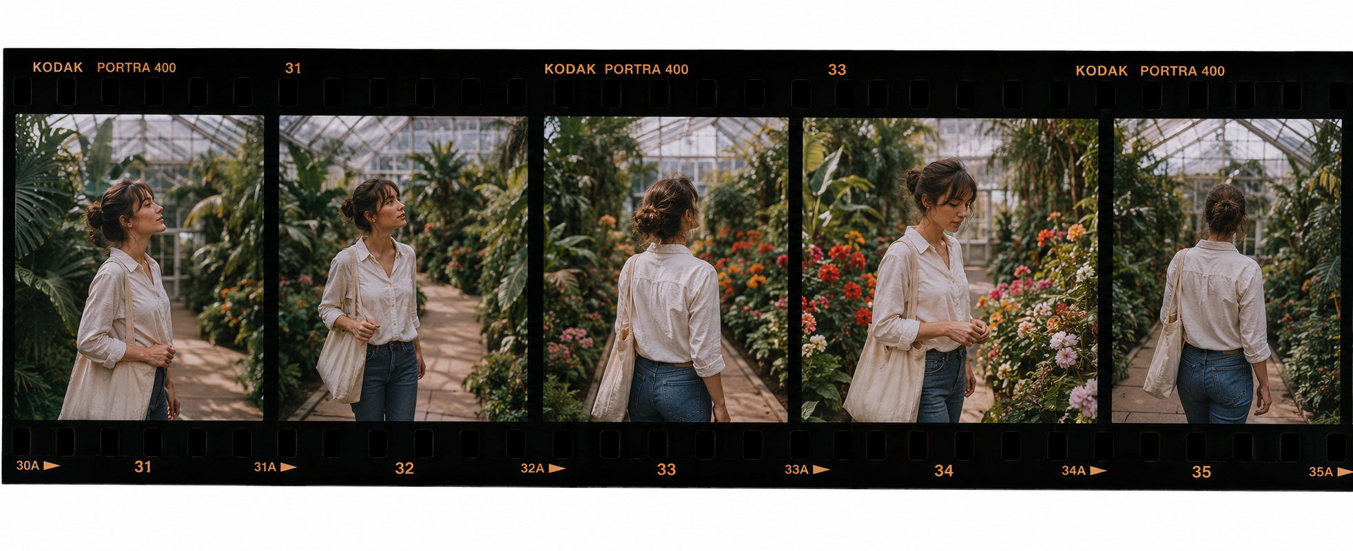 Woman in a light blouse and jeans walking in a vibrant greenhouse filled with blooming flowers.