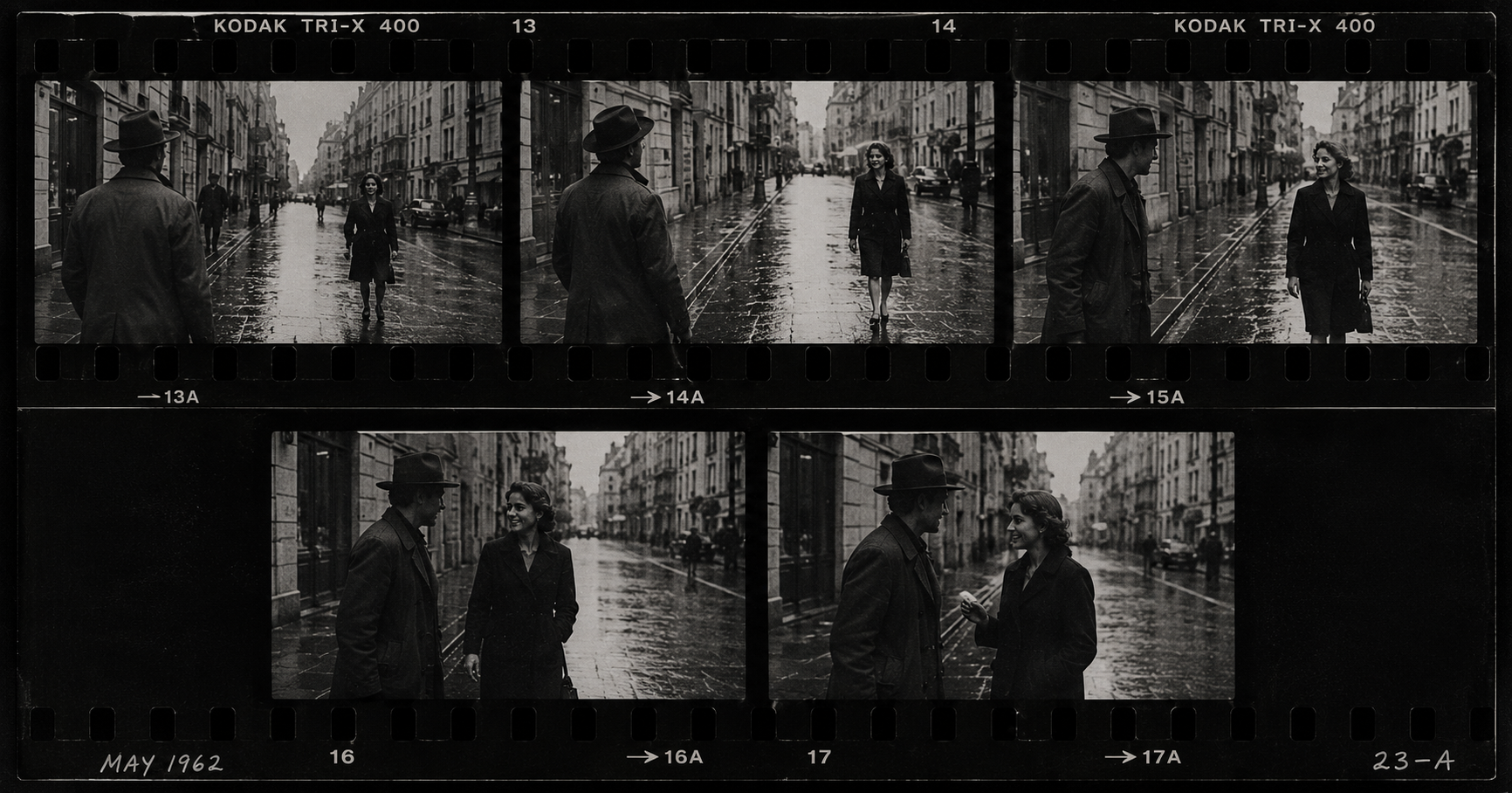 Black-and-white film strip showing a man in a hat and a woman on a rainy city street.