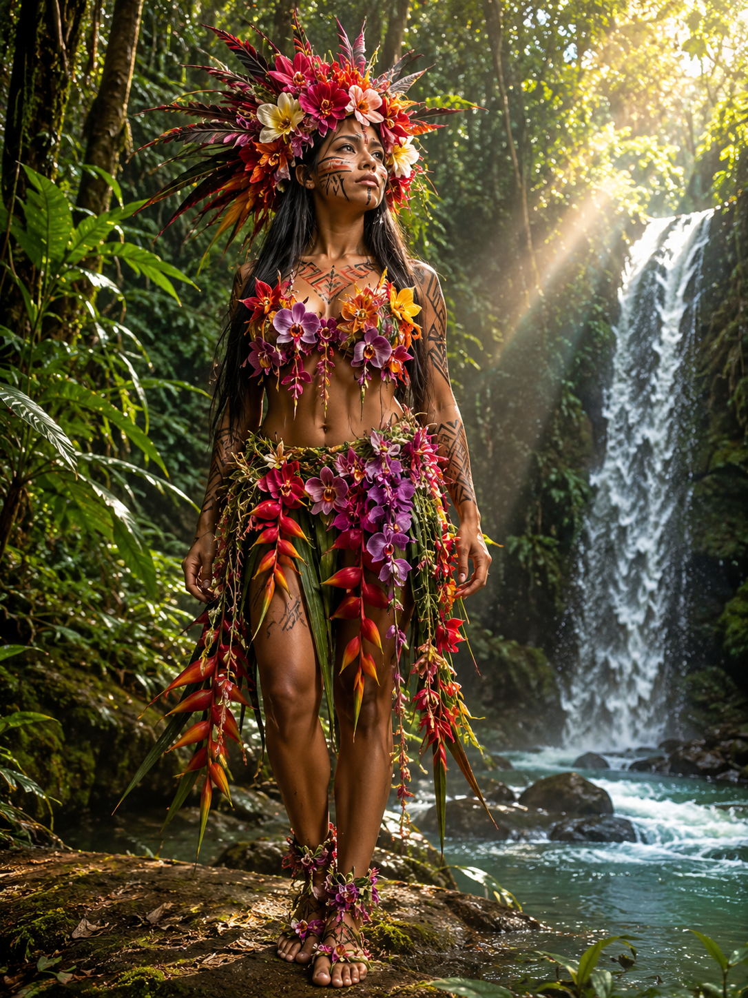 Woman in a vibrant flower crown and tropical leaf outfit by a jungle waterfall.