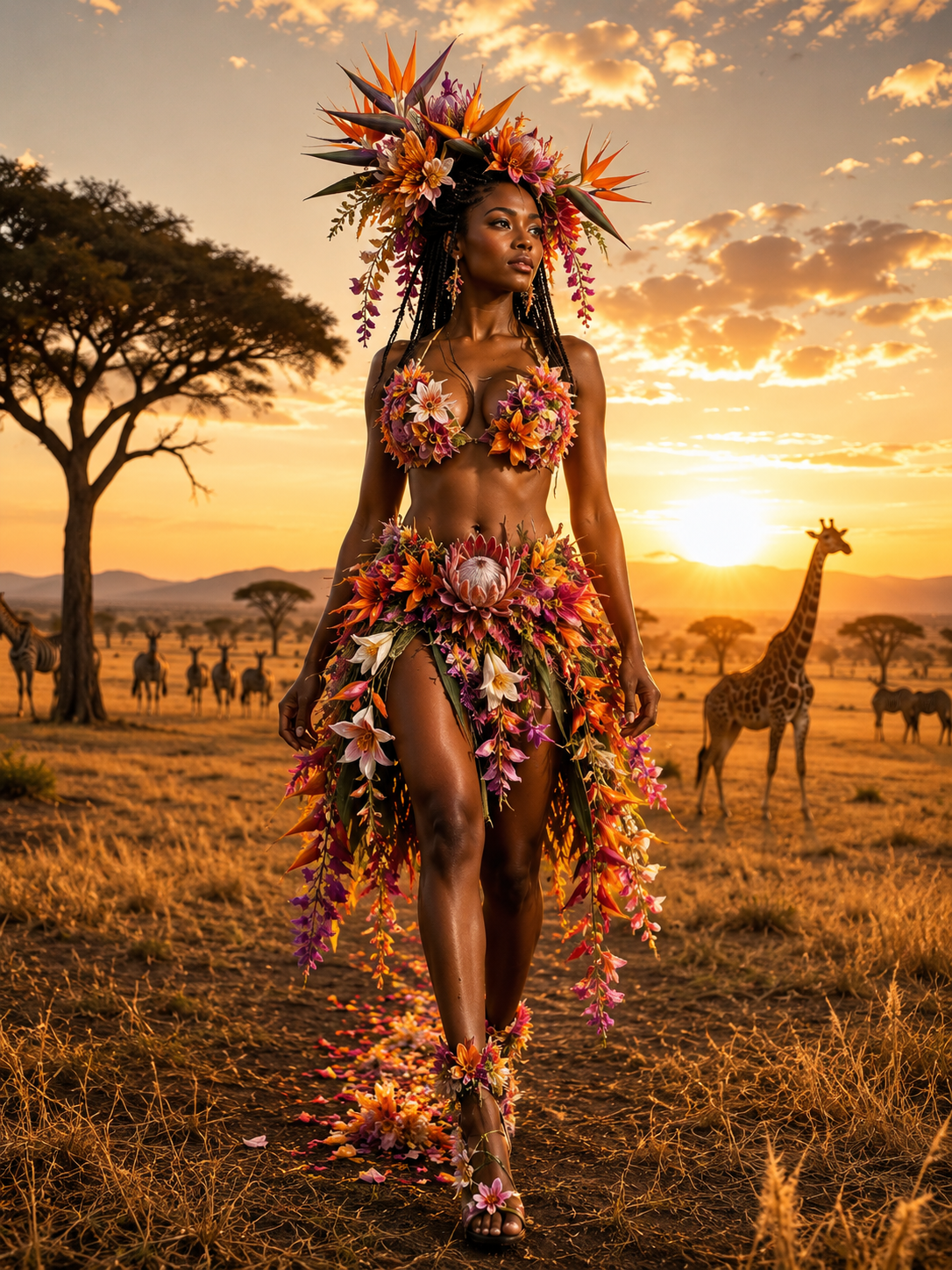 Woman in a vibrant flower headdress and bikini-style floral outfit walking across a savannah at sunset.