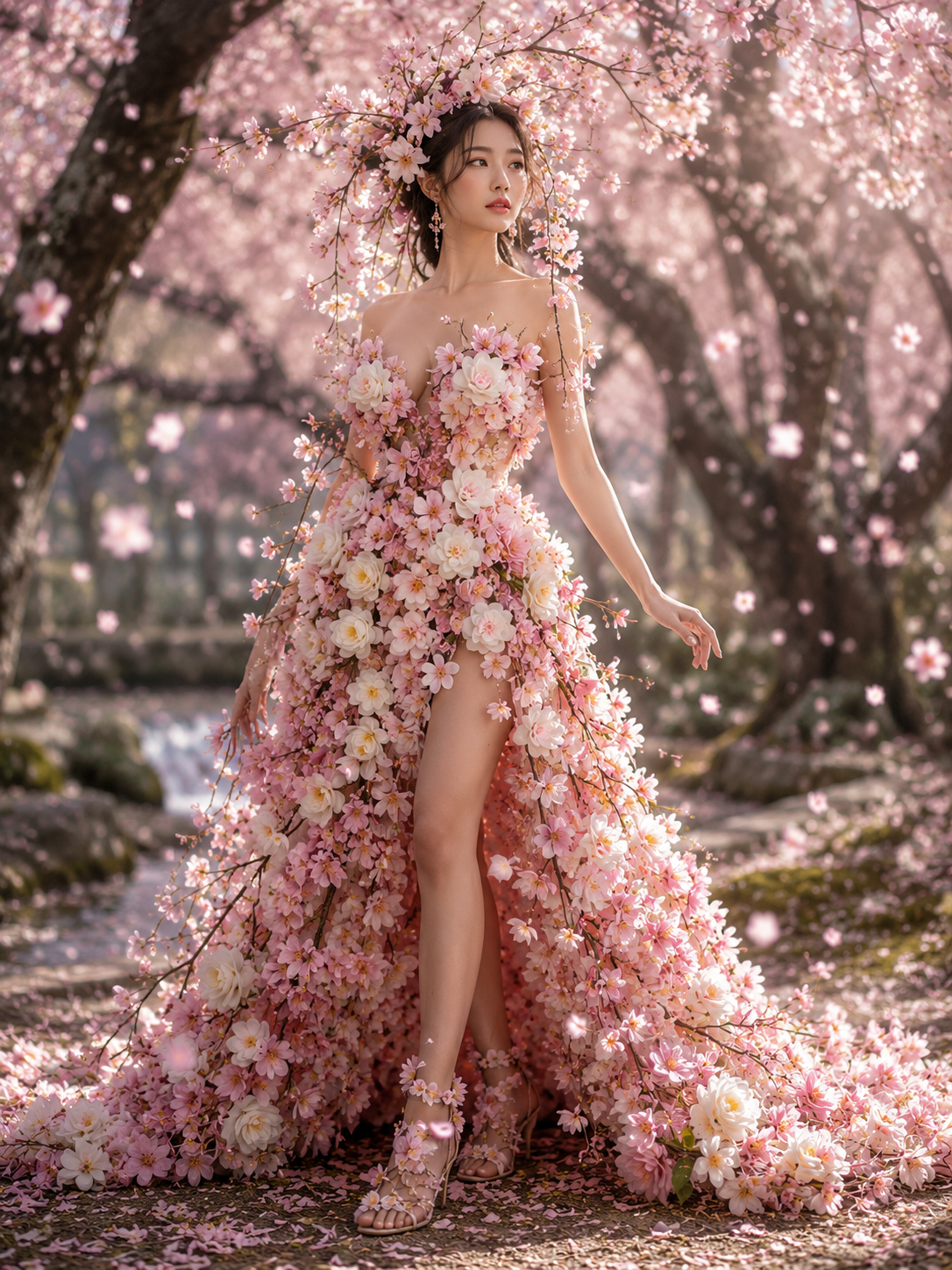 Woman in a pink blossom-inspired gown made of flowers standing in a cherry-blossom grove.