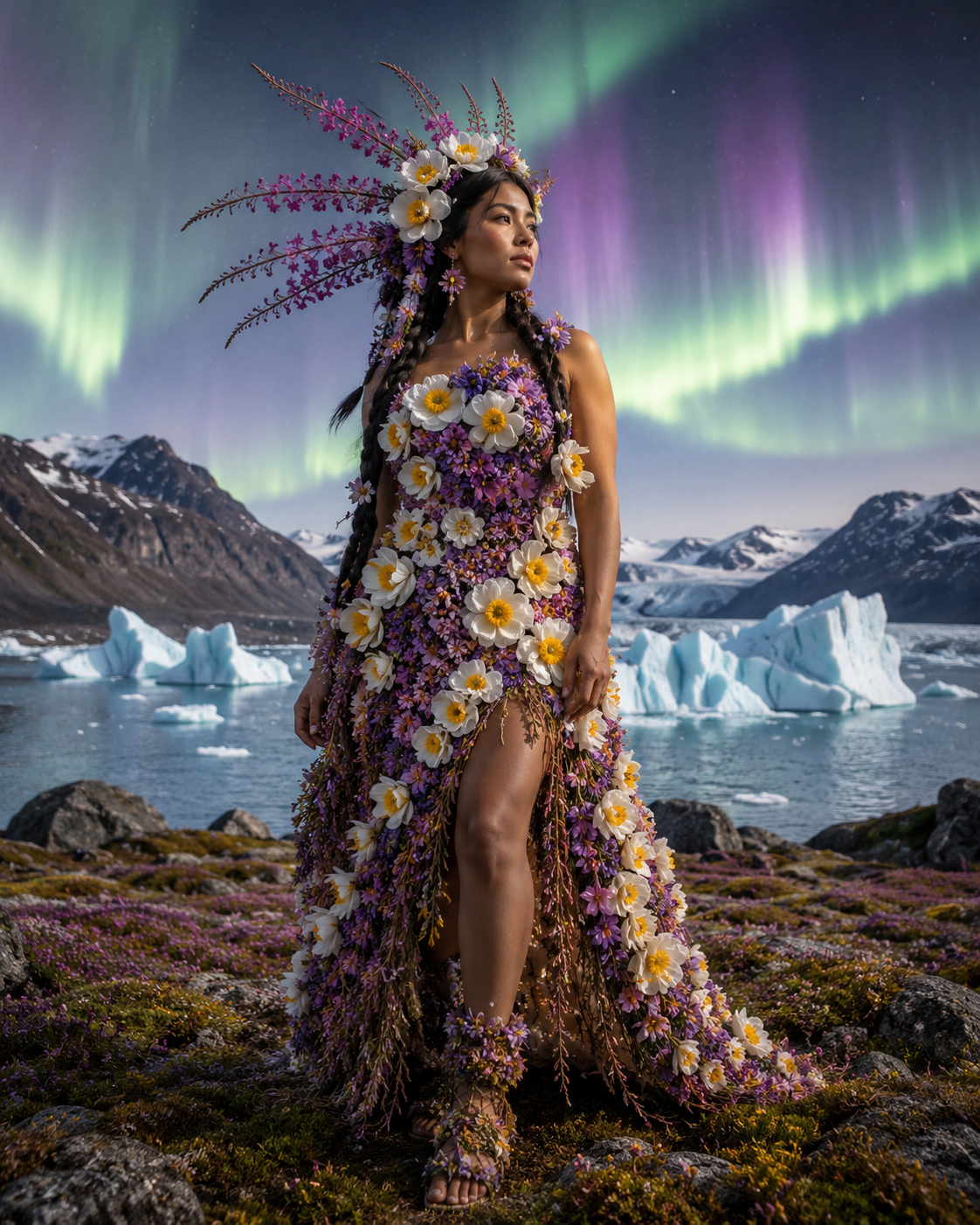 Woman in a floral gown made of daisies stands by a icy shoreline under the northern lights.
